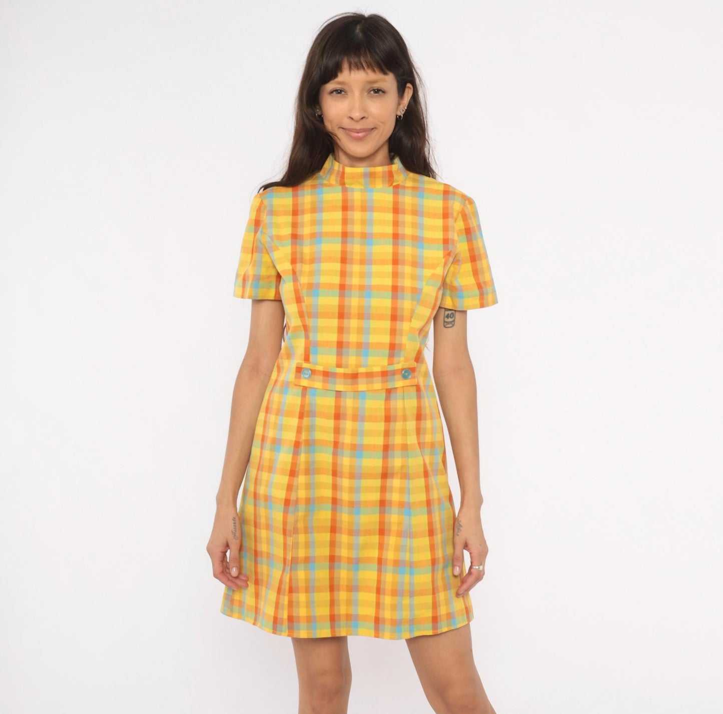 60s Plaid Mini Dress Yellow Orange Blue Check Mock Neck Cotton Small