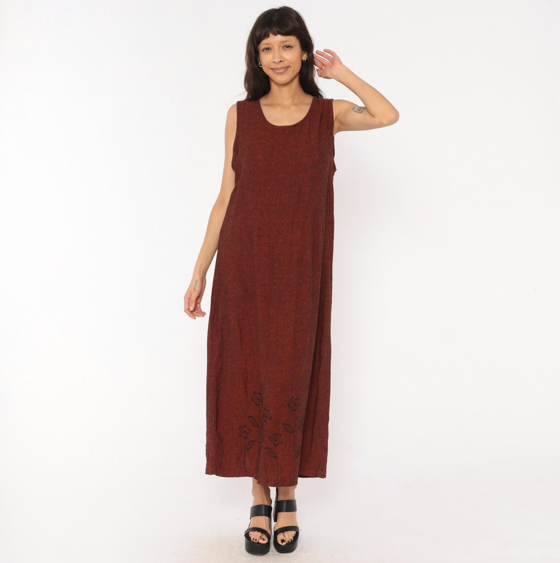 90s Country Wear Casuals Burgundy Linen Maxi Dress Floral Embroidery Large Petite