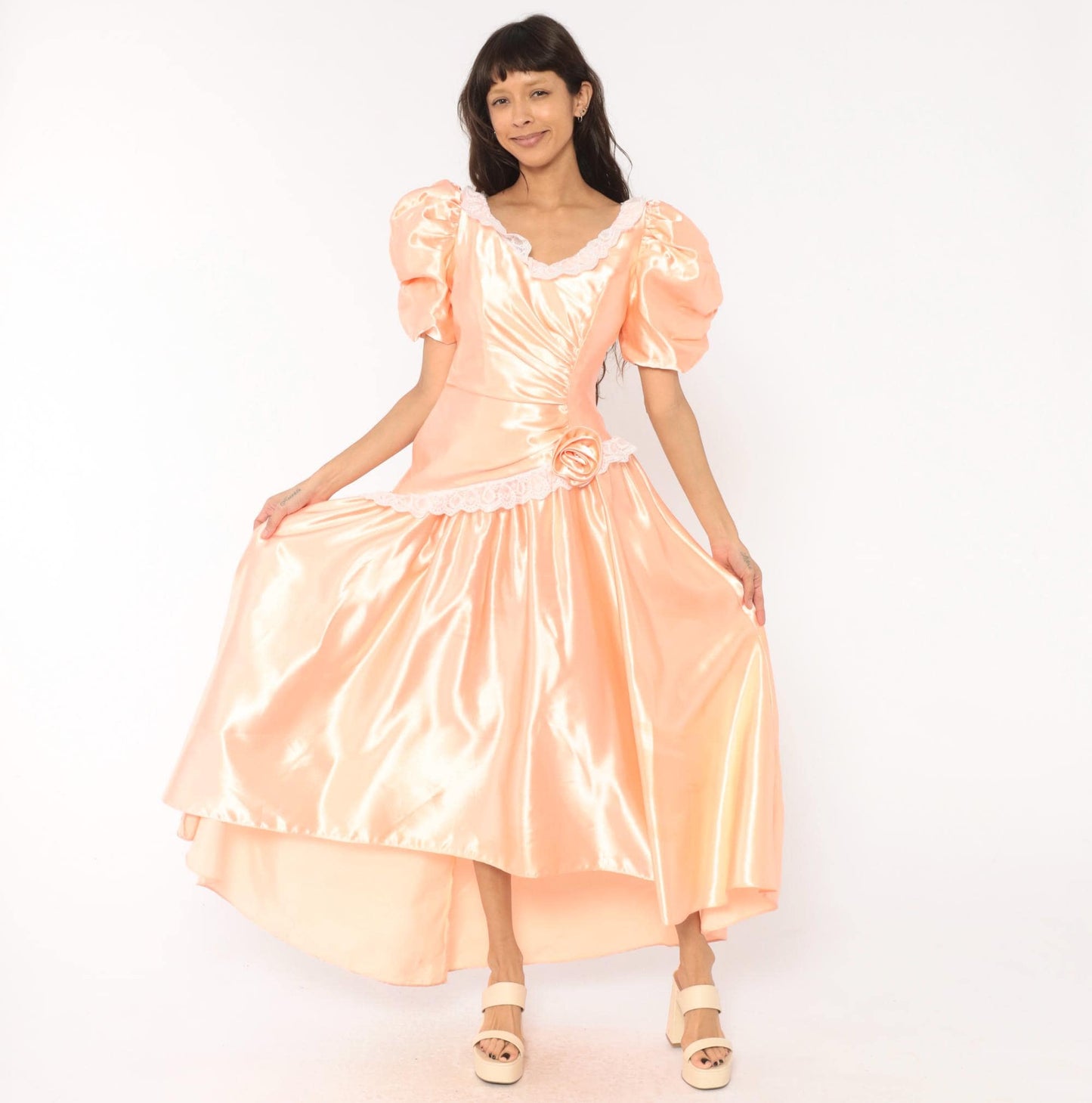 80s Peach Satin Prom Gown Puff Sleeve V Neck Drop Waist Rosette Medium