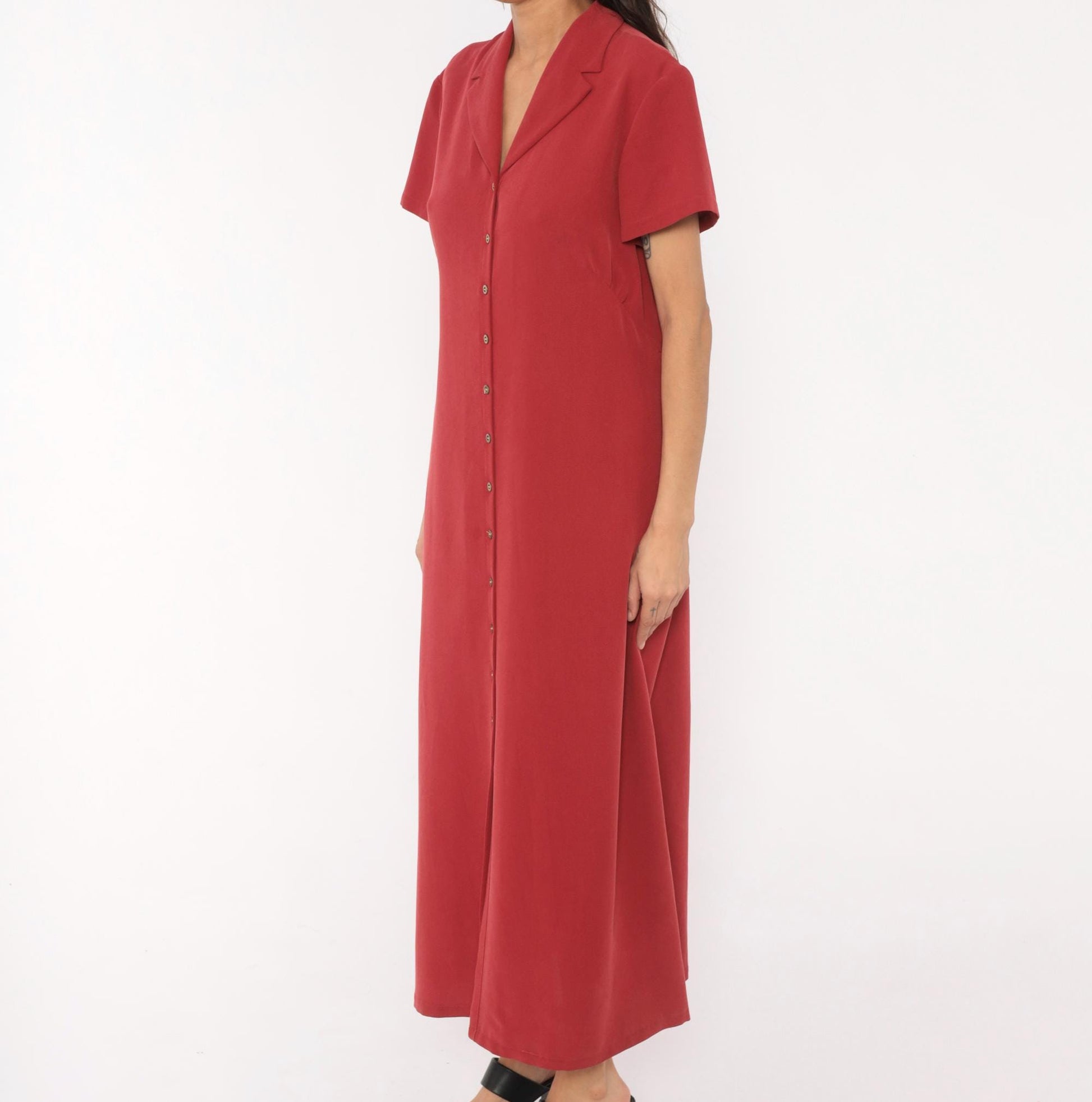 90s Liz Claiborne Burgundy Maxi Shirtdress Notched Collar Button Front Extra Large