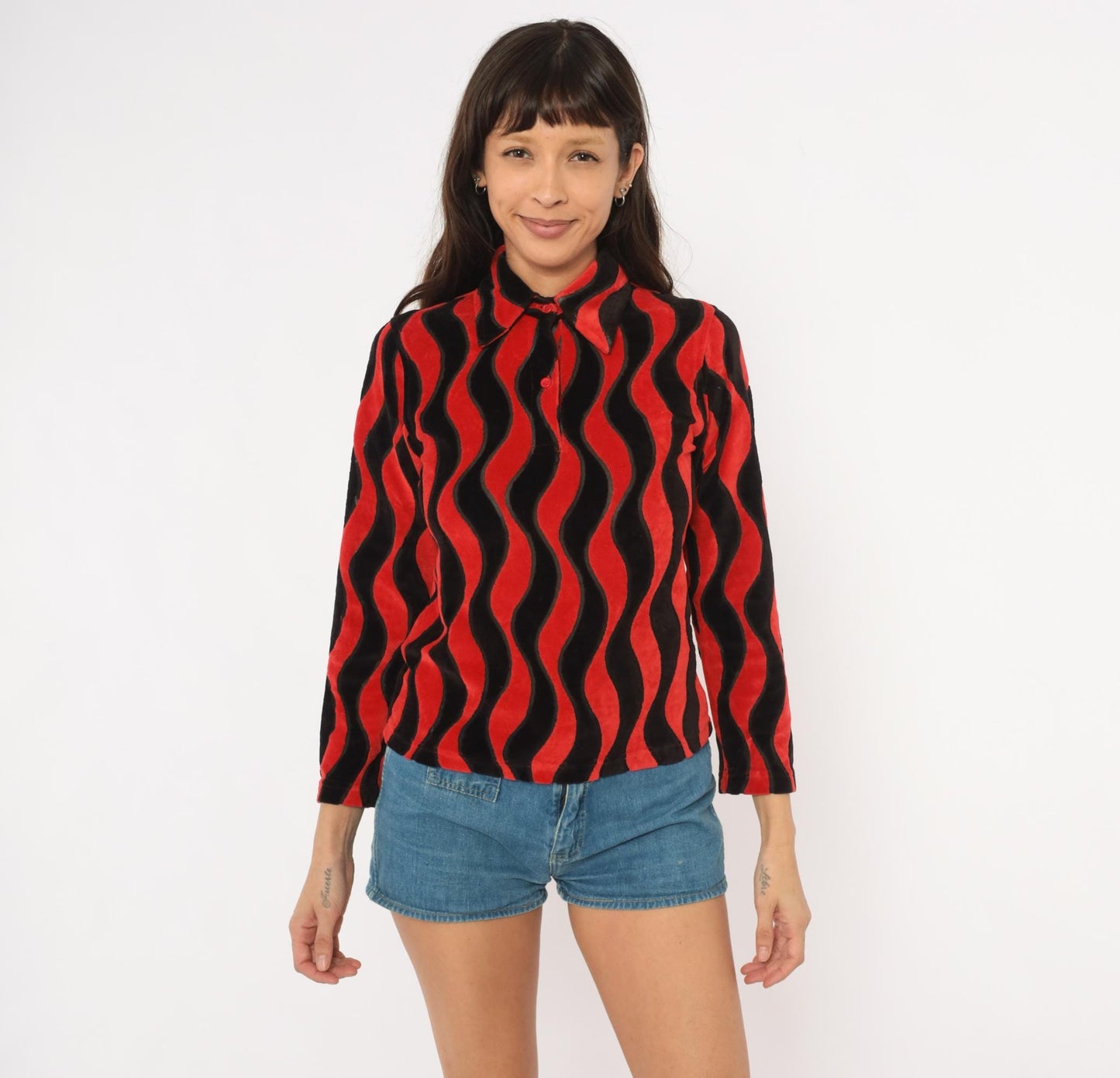 Y2K Psychedelic Wave Collared Shirt Red Black Wavy Stripe Long Sleeve Extra Small