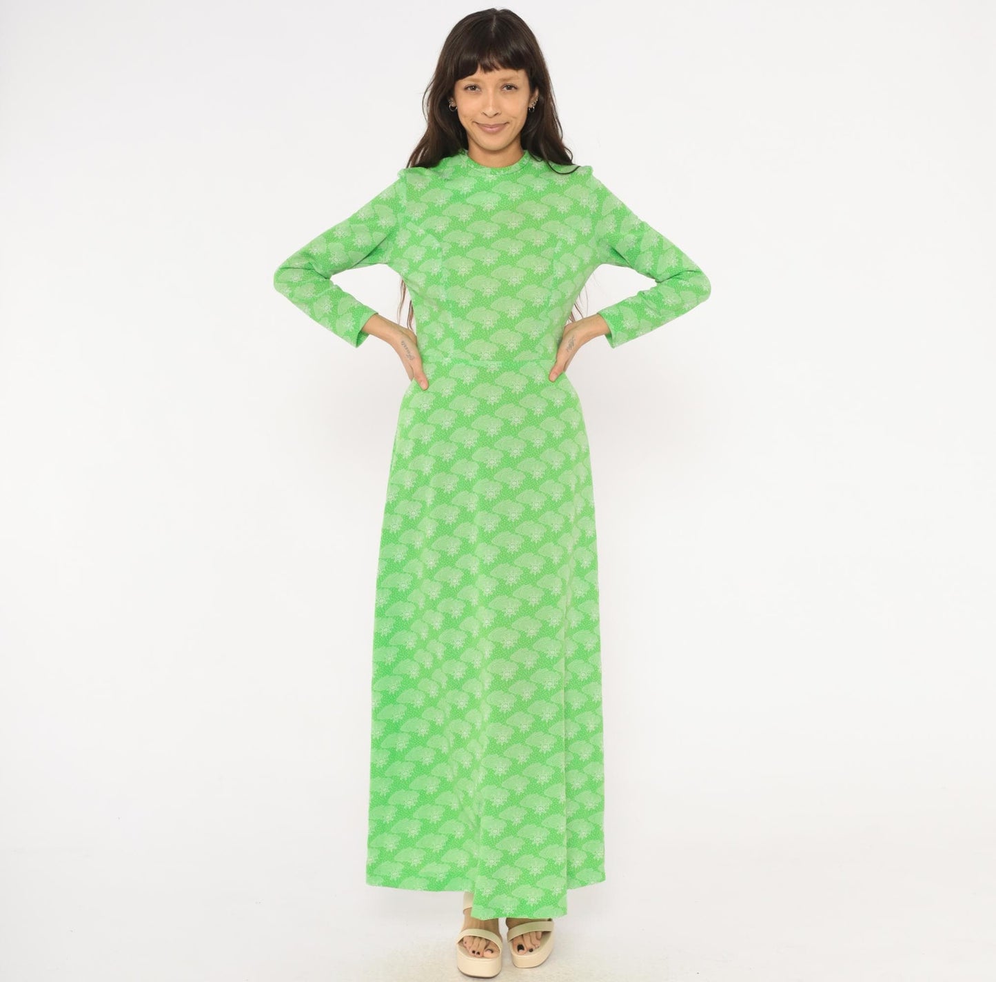 70s Green Maxi Dress Sun Cloud Print Long Sleeve Knit Small