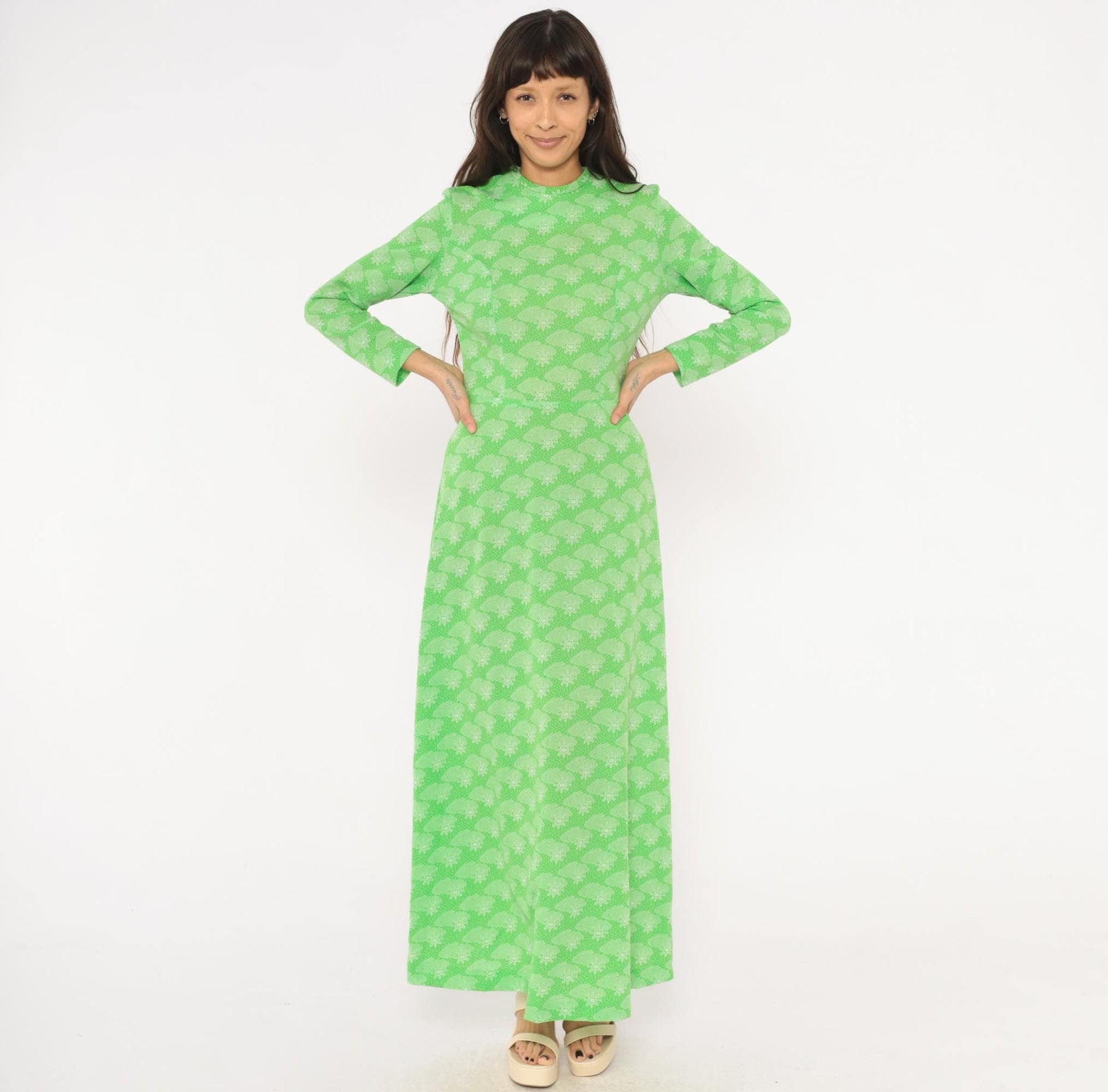 70s Green Maxi Dress Sun Cloud Print Long Sleeve Knit Small
