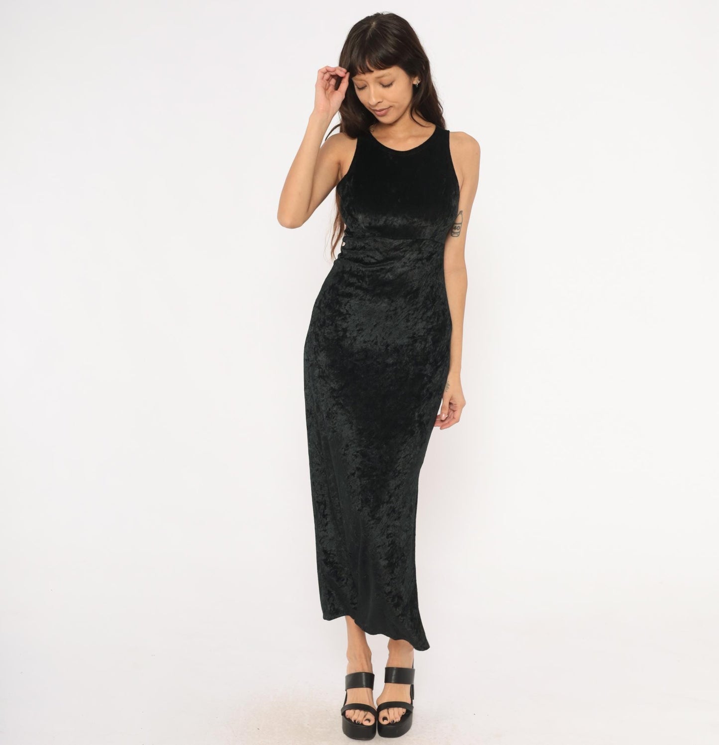 90s Hana Black Crushed Velvet Maxi Dress Sleeveless Scoop Neck Small S