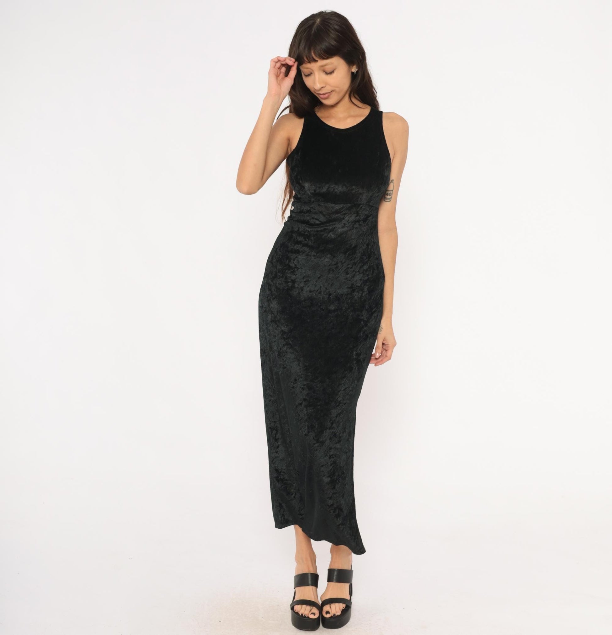 90s Hana Black Crushed Velvet Maxi Dress Sleeveless Scoop Neck Small S