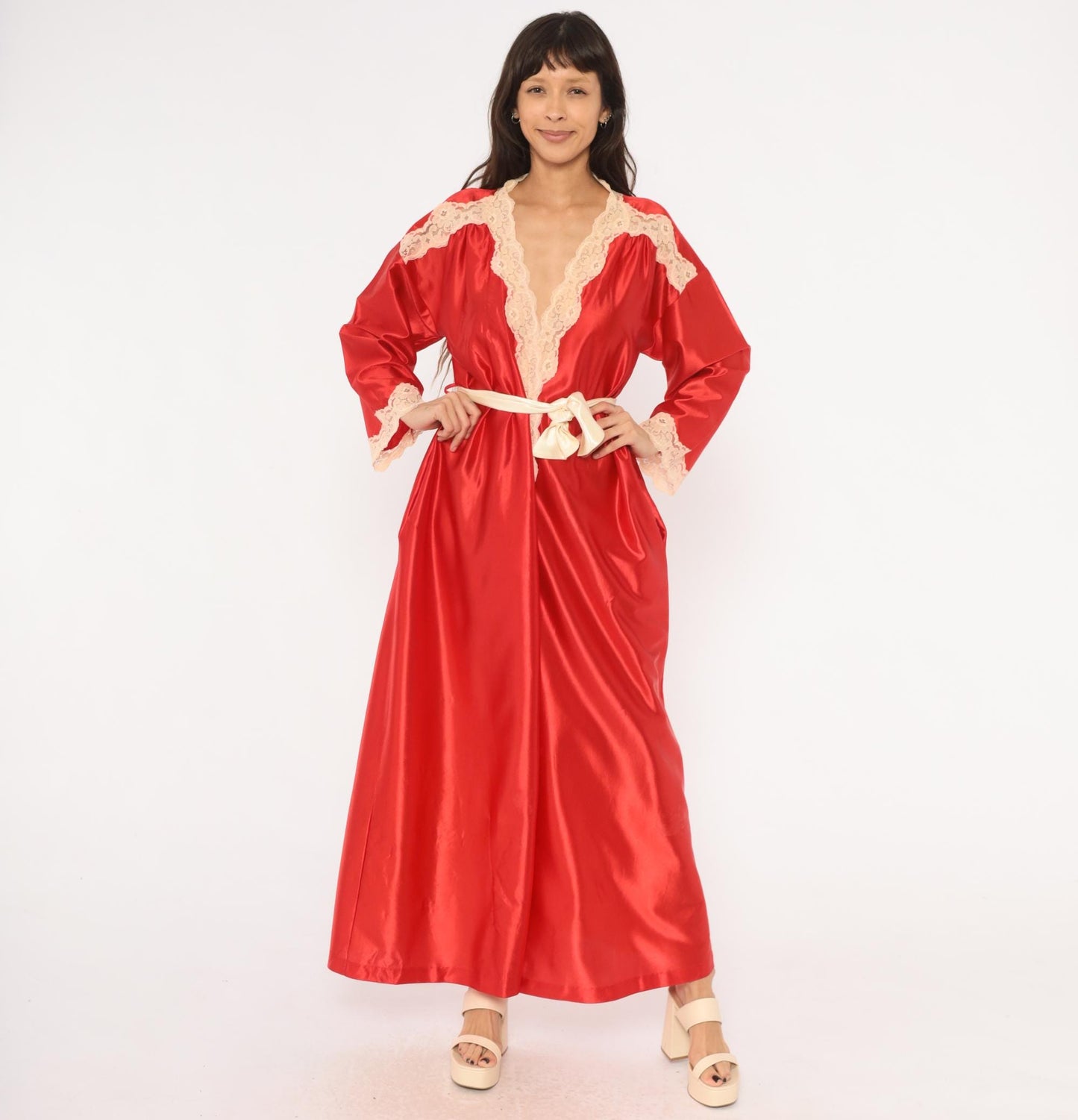 70s Tom Bezduda Barad Red Satin Robe Lace Trim Maxi Tie Front Medium