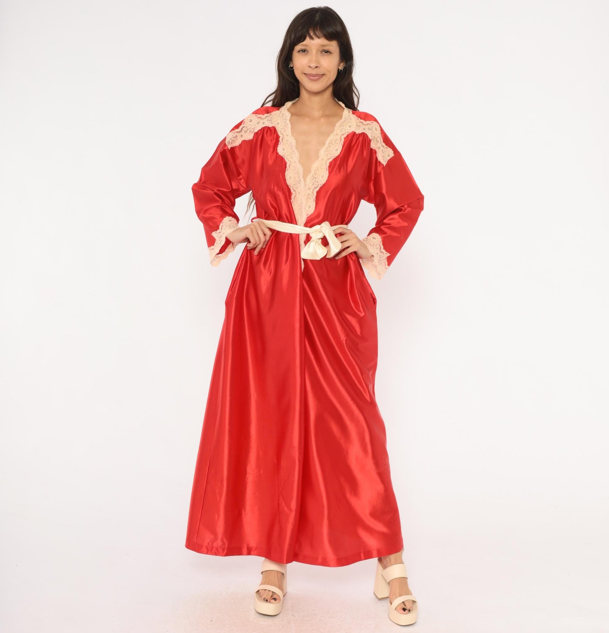70s Tom Bezduda Barad Red Satin Robe Lace Trim Maxi Tie Front Medium