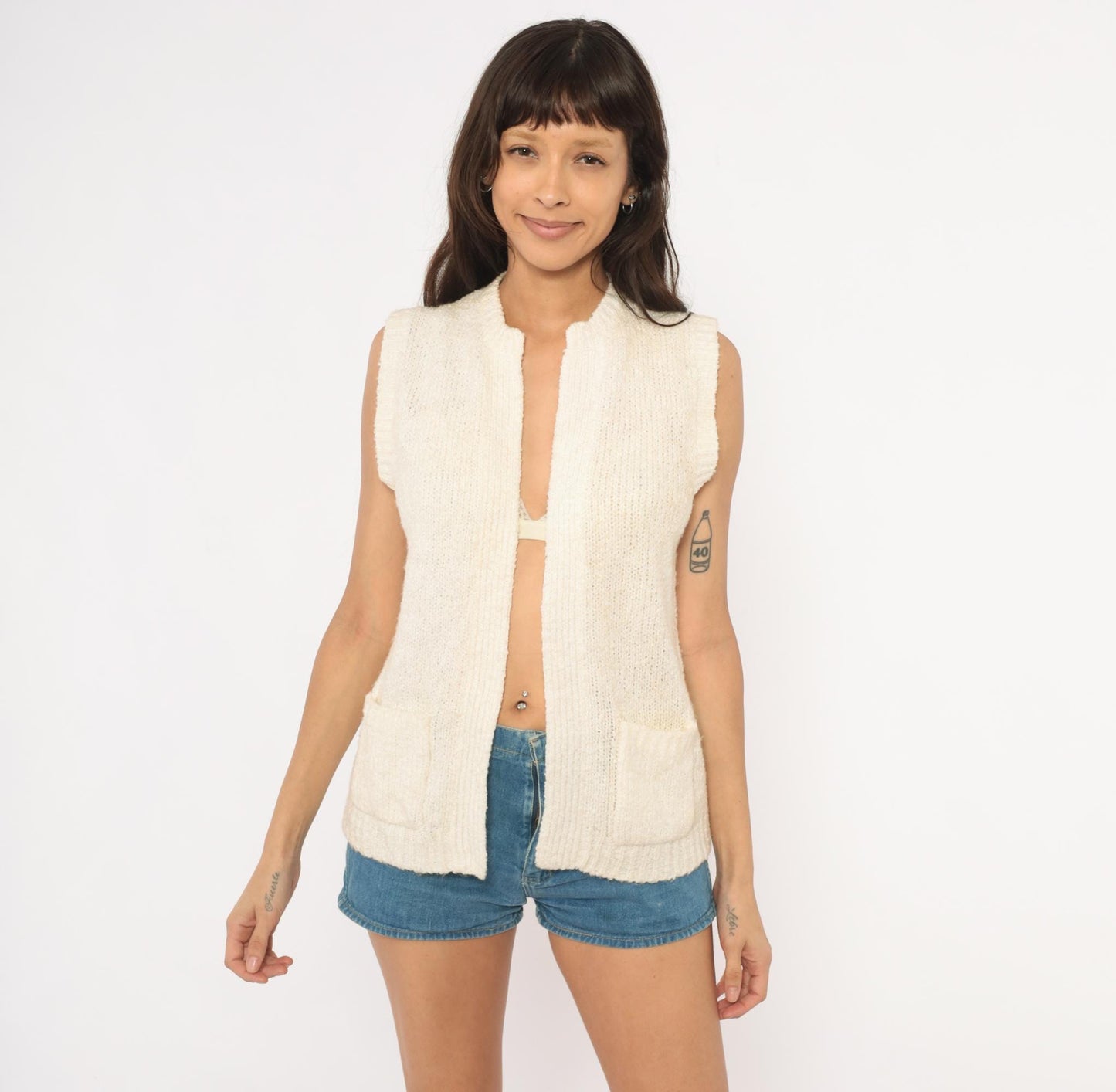 80s Moneta Cream Knit Sweater Vest Patch Pocket Cardigan Small