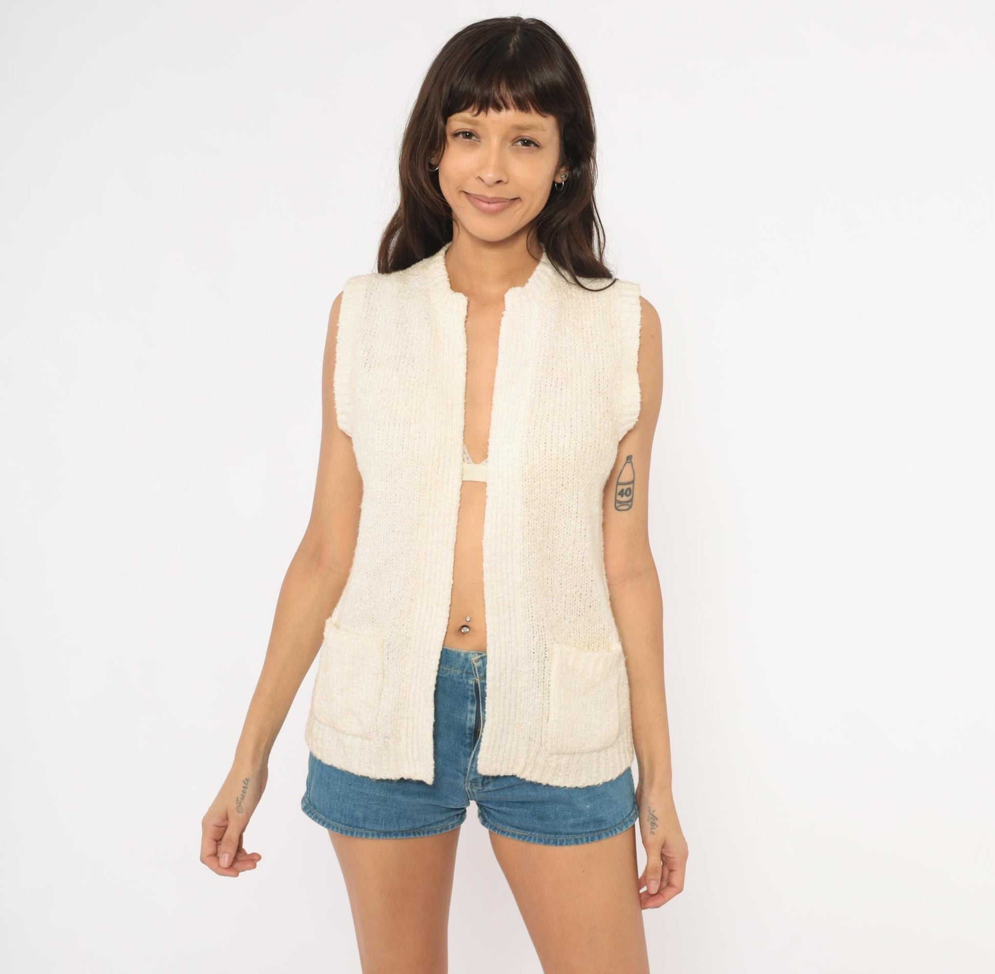 80s Moneta Cream Knit Sweater Vest Patch Pocket Cardigan Small
