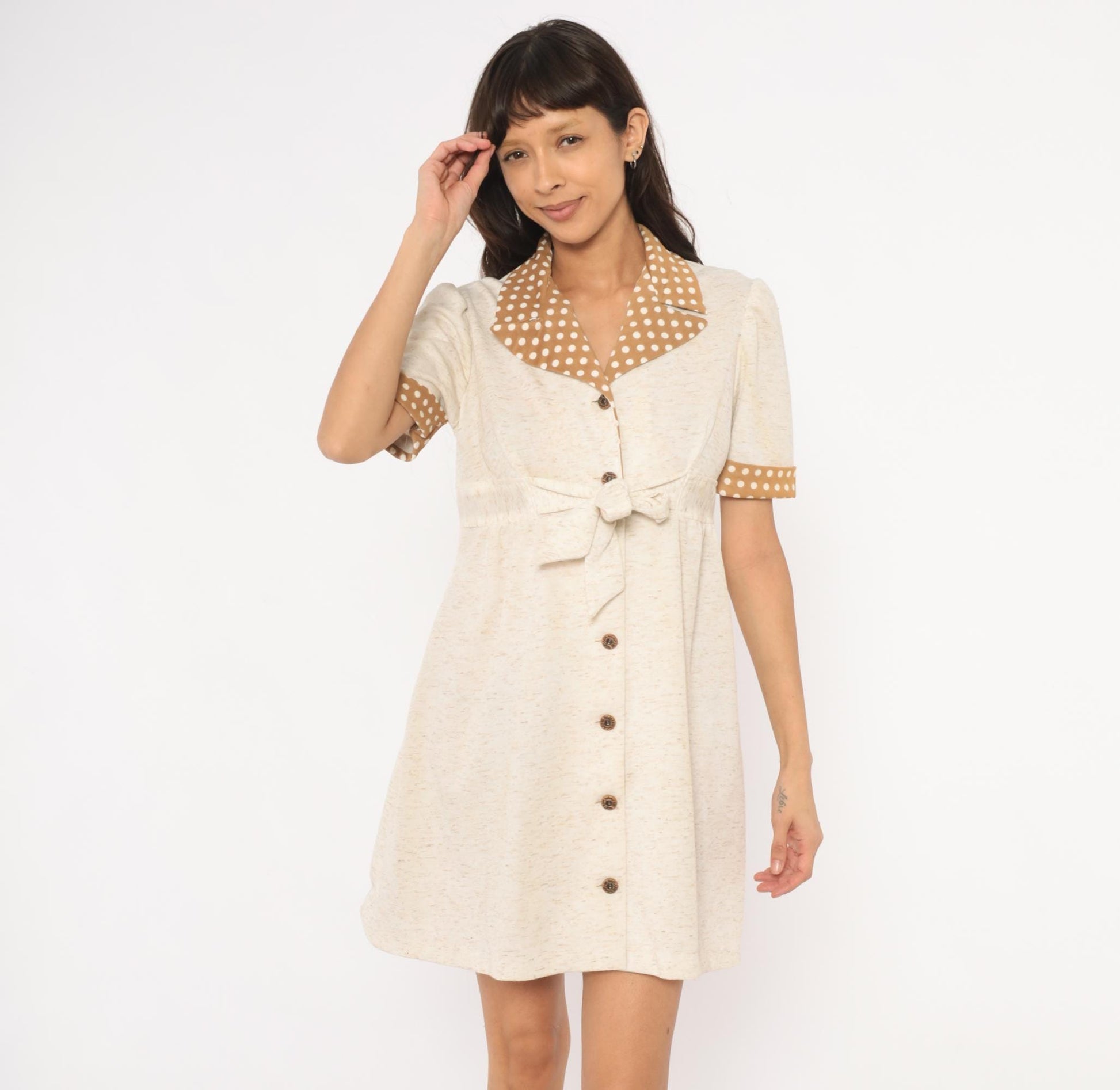 70s Cream Polka Dot Collar Shirtdress Puff Sleeve Tie Waist Knee-Length Medium M