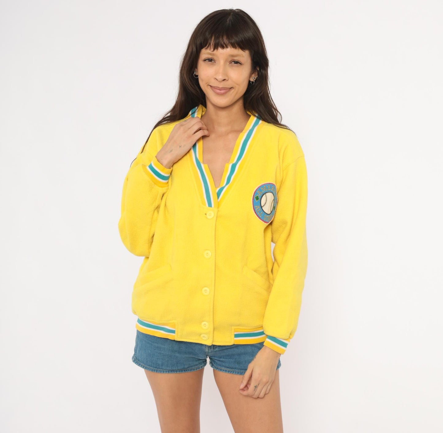 90s Energie Yellow Varsity Cardigan Baseball Patch Teal Striped Small S
