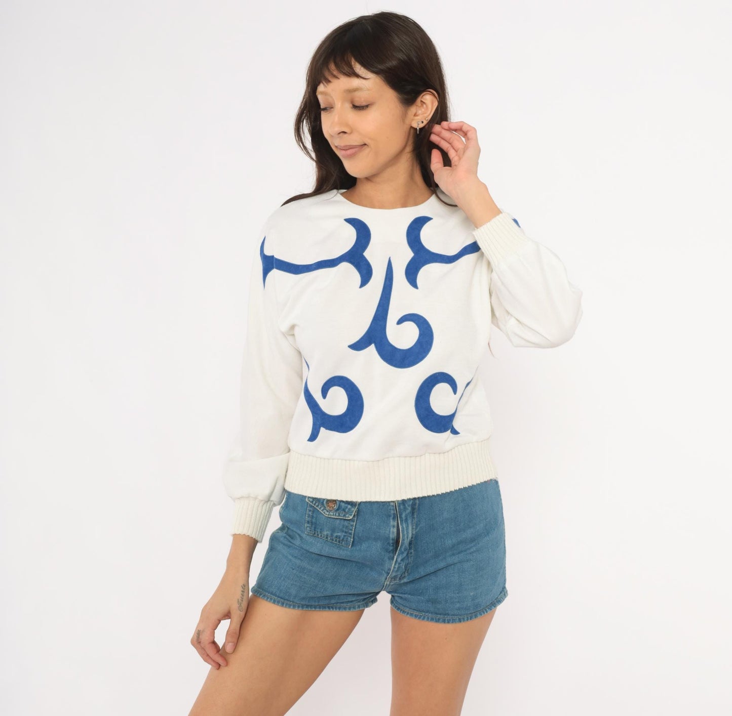 80s Leslie Fay White Cobalt Appliqué Sweatshirt Cropped Balloon Sleeve Extra Small XS