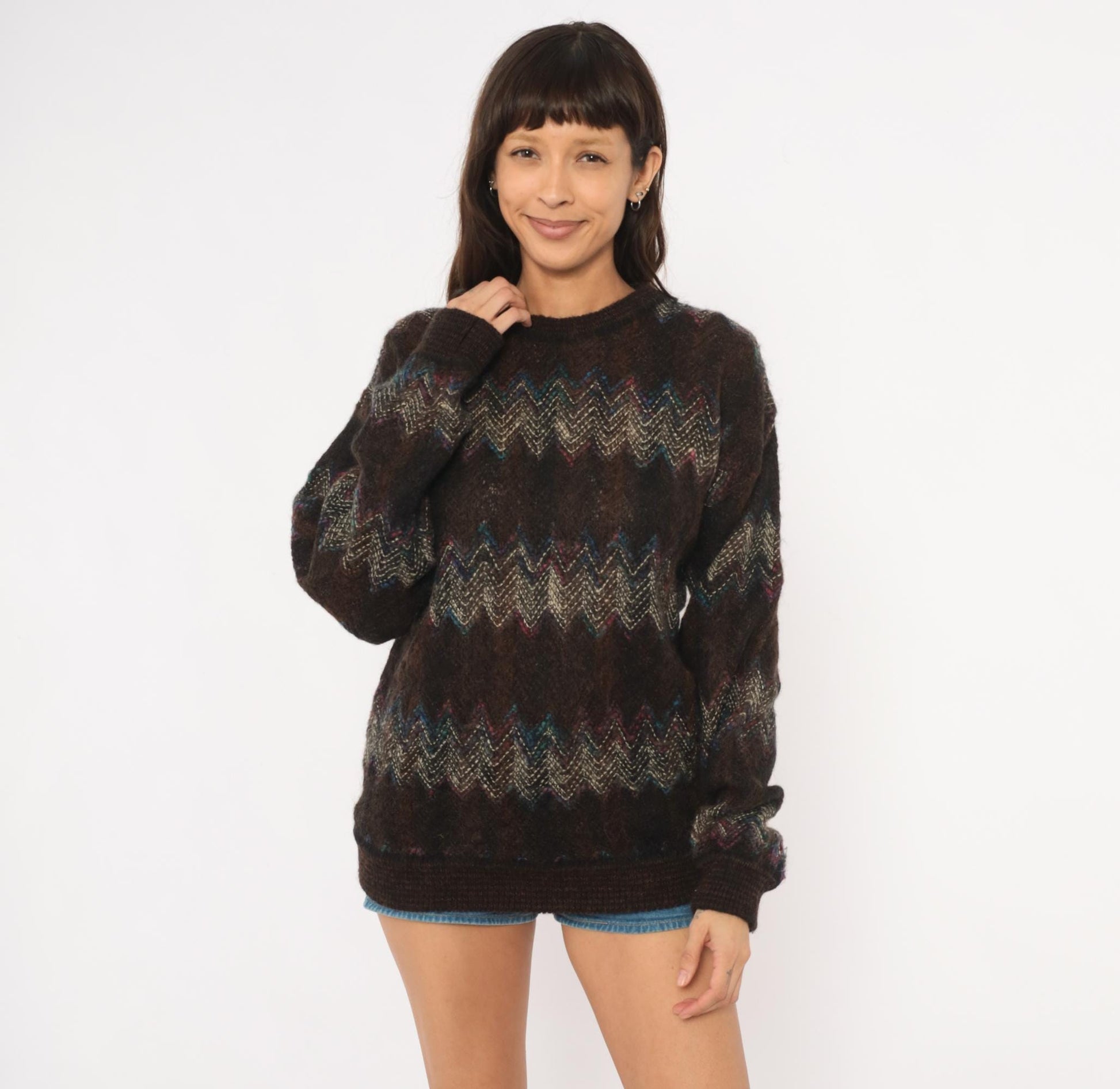 80s Croft & Barrow Chevron Zigzag Wool Pullover Dark Brown Small