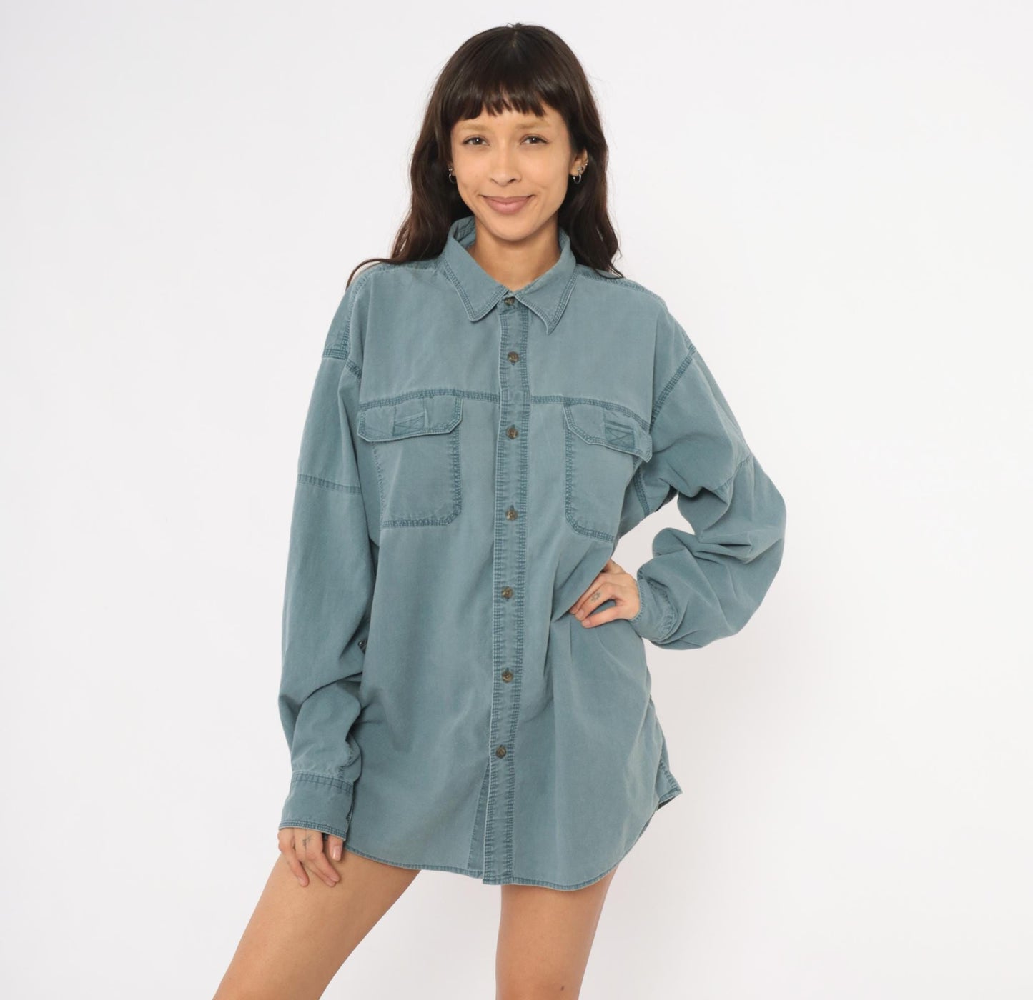 2000s Redhead Slate Blue Cotton Work Shirt Pointed Collar Chest Pockets Extra Large XL