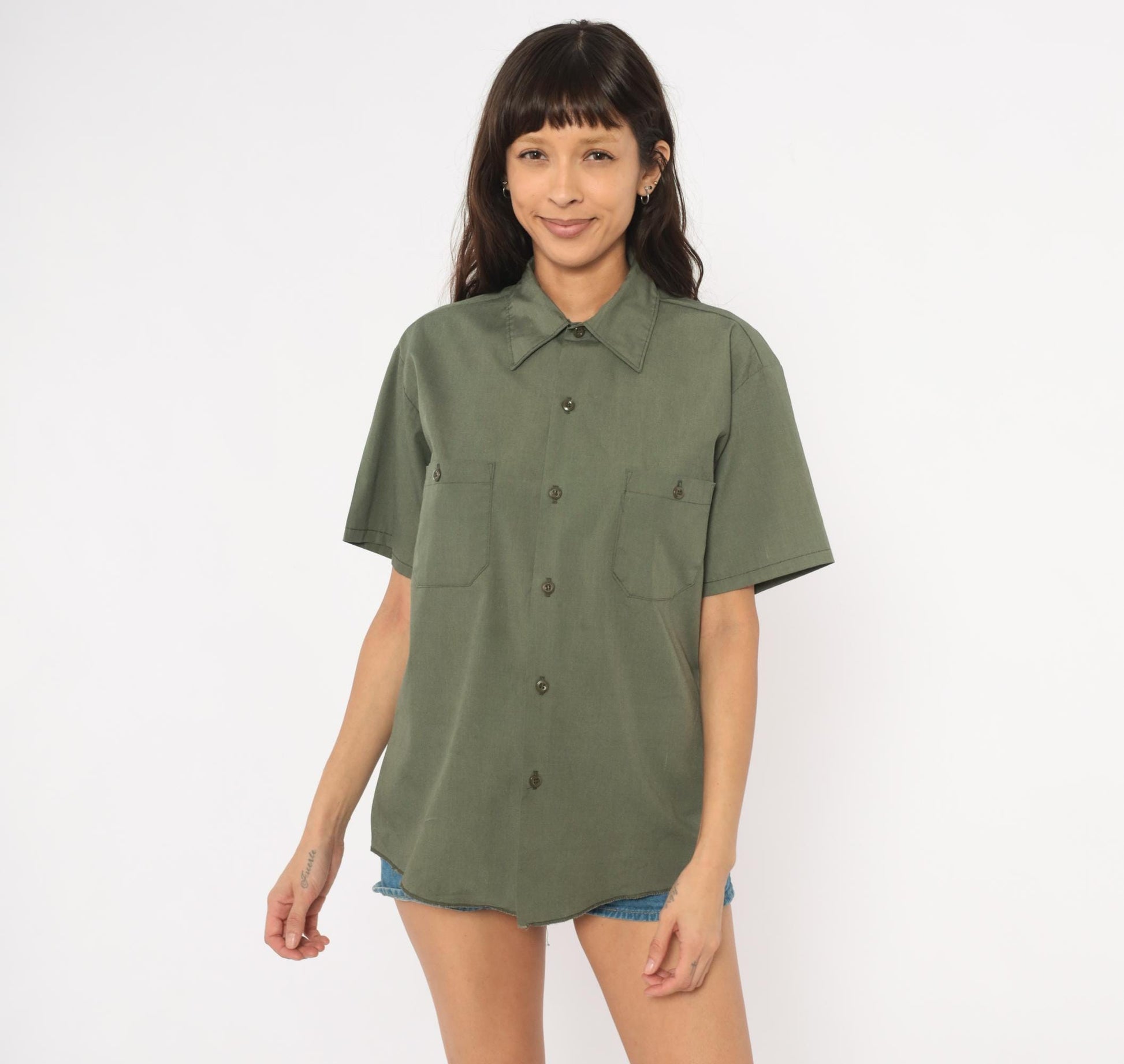 70s Sears Olive Work Shirt Pointed Collar Short Sleeve Utility Blouse Medium M