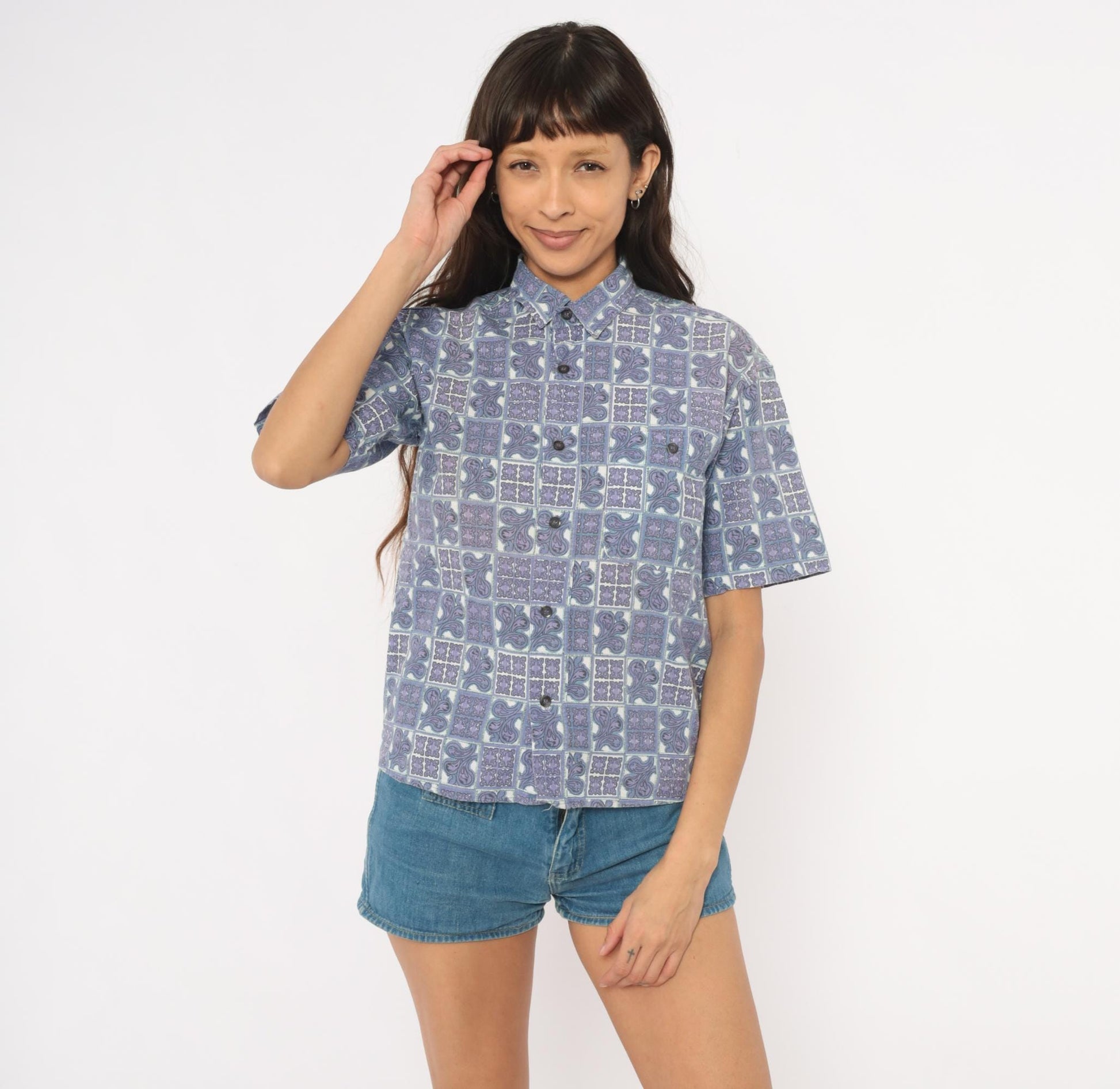 90s Tomorrow's Generation Tile Print Shirt Purple Paisley Cotton XS