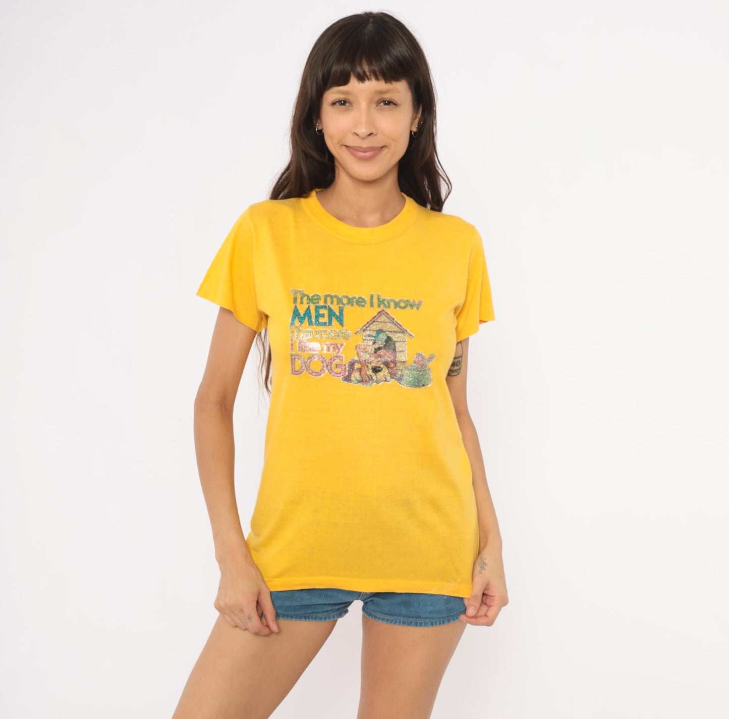 80s Poltermann Glitter Dog Graphic Tee Yellow Cotton Novelty Small