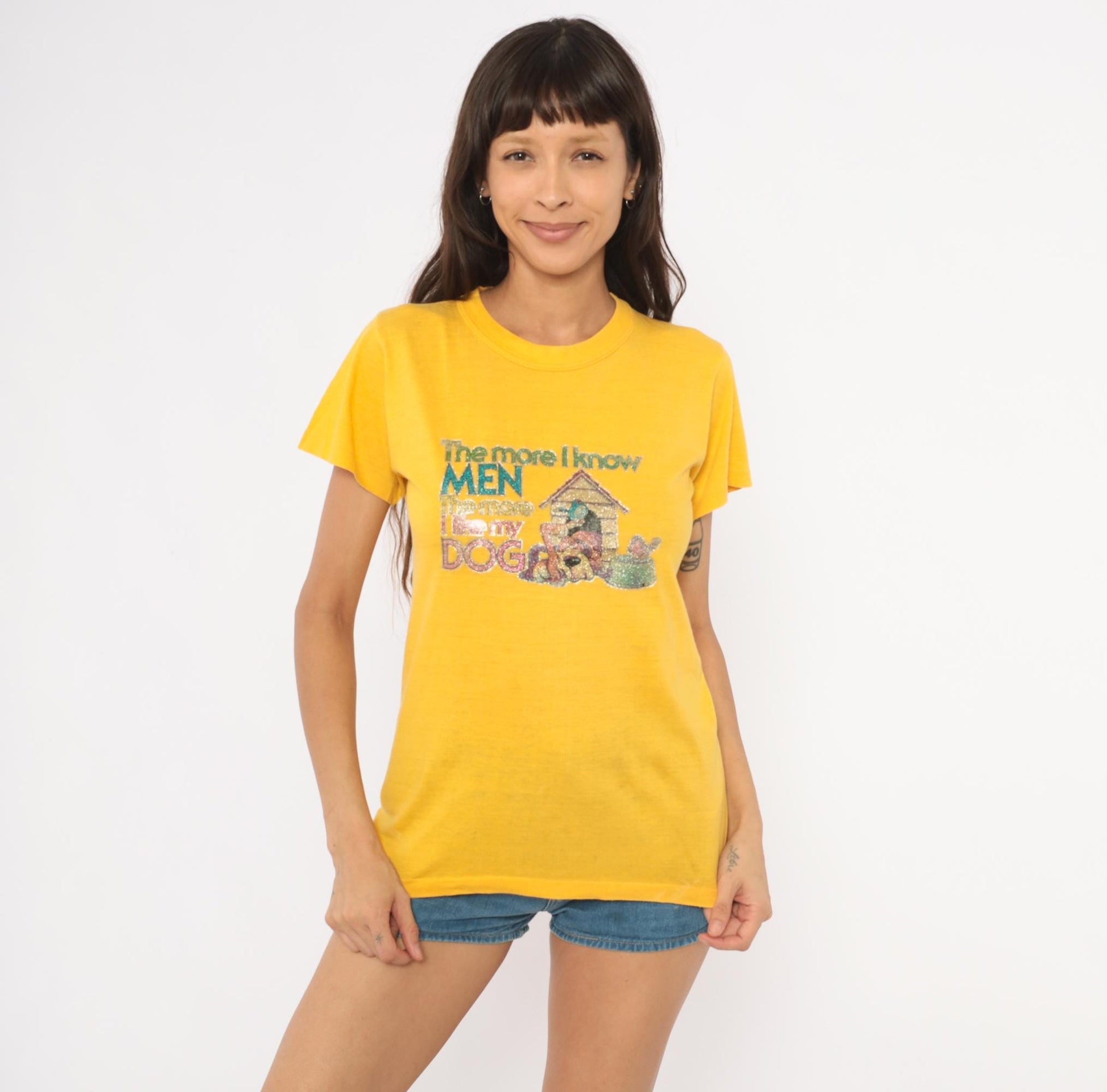 80s Poltermann Glitter Dog Graphic Tee Yellow Cotton Novelty Small