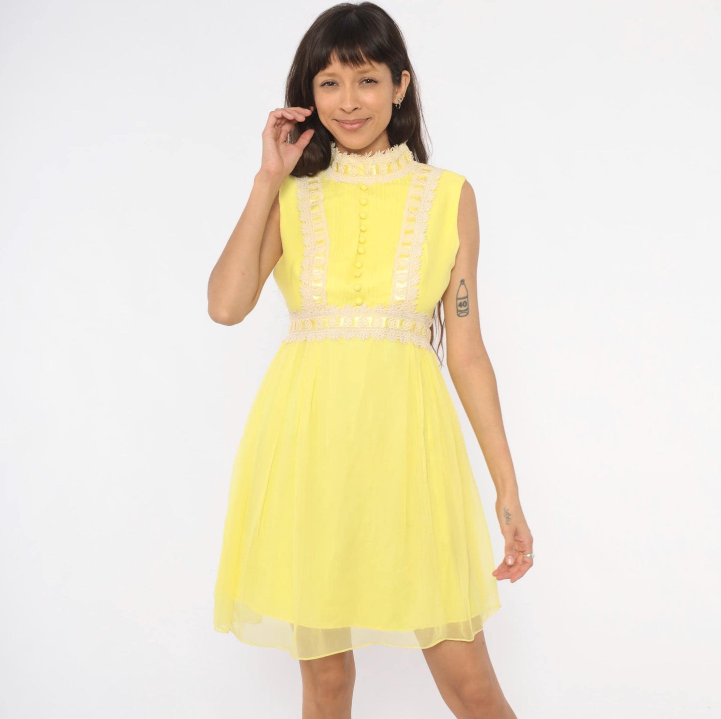 1970s Yellow Chiffon Mini Dress Lace Trim Mock Neck Pintuck Bodice Small