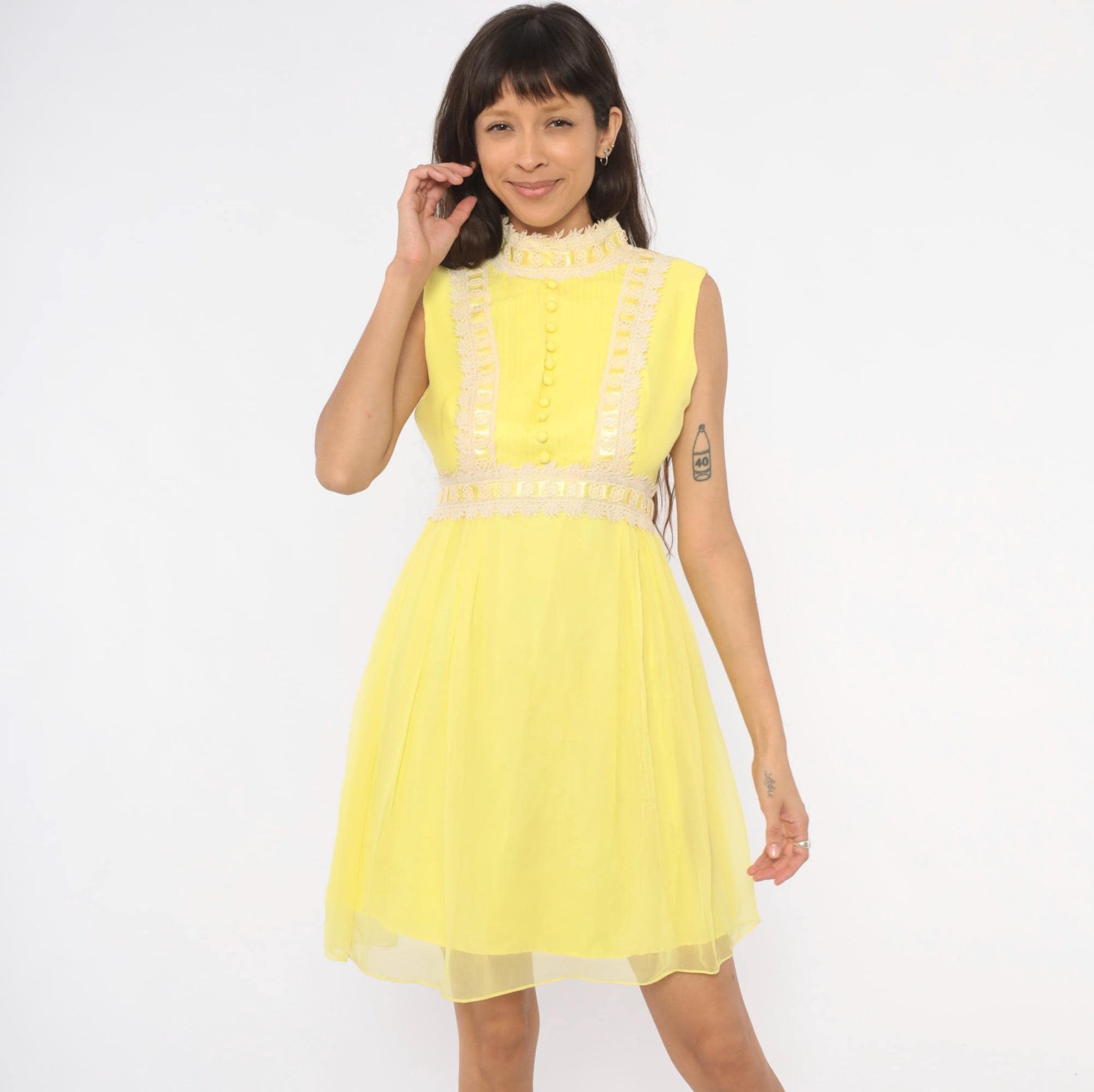 1970s Yellow Chiffon Mini Dress Lace Trim Mock Neck Pintuck Bodice Small