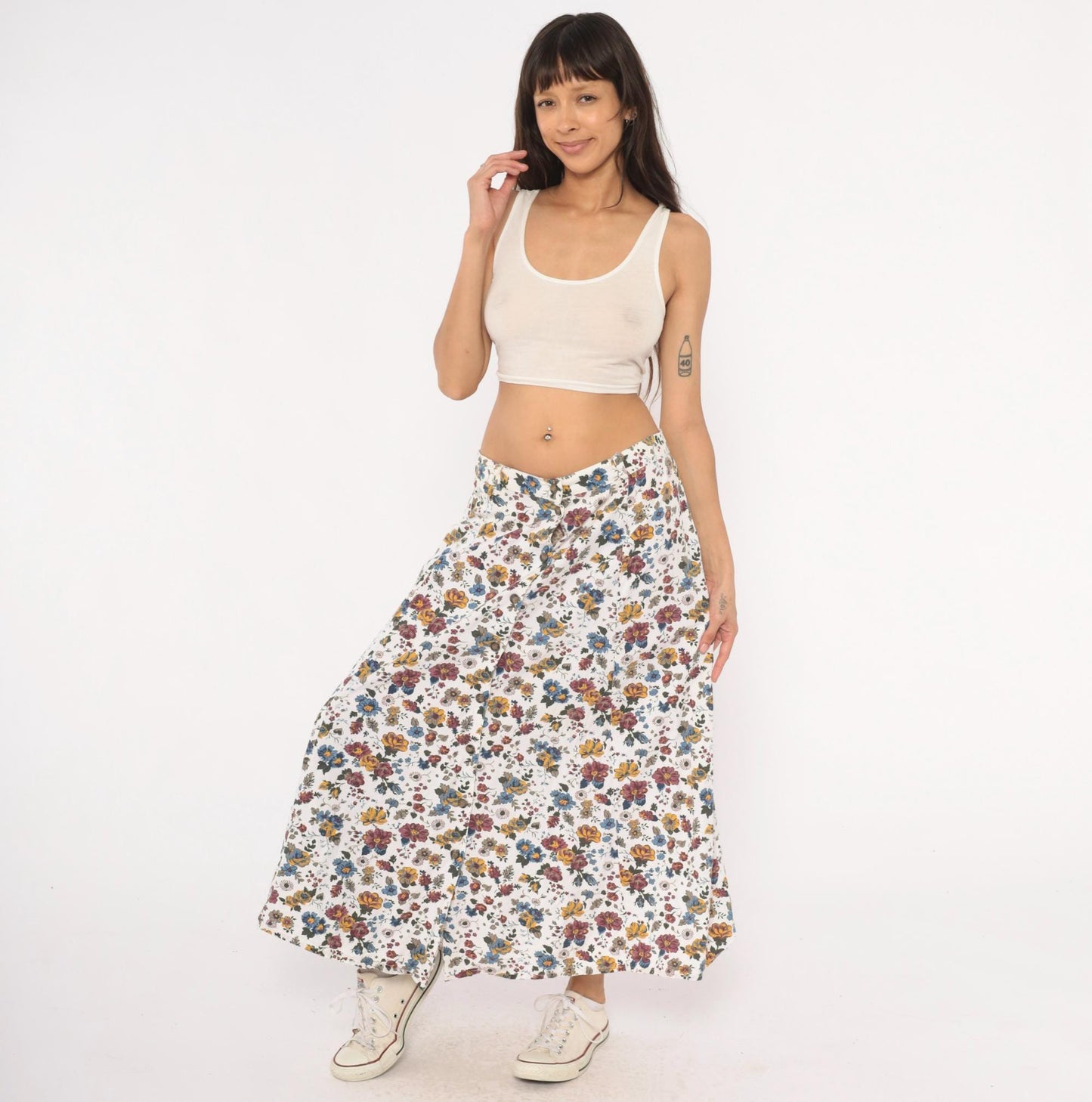 90s White Stag Floral Maxi Skirt Burgundy Mustard Garden Print Large L