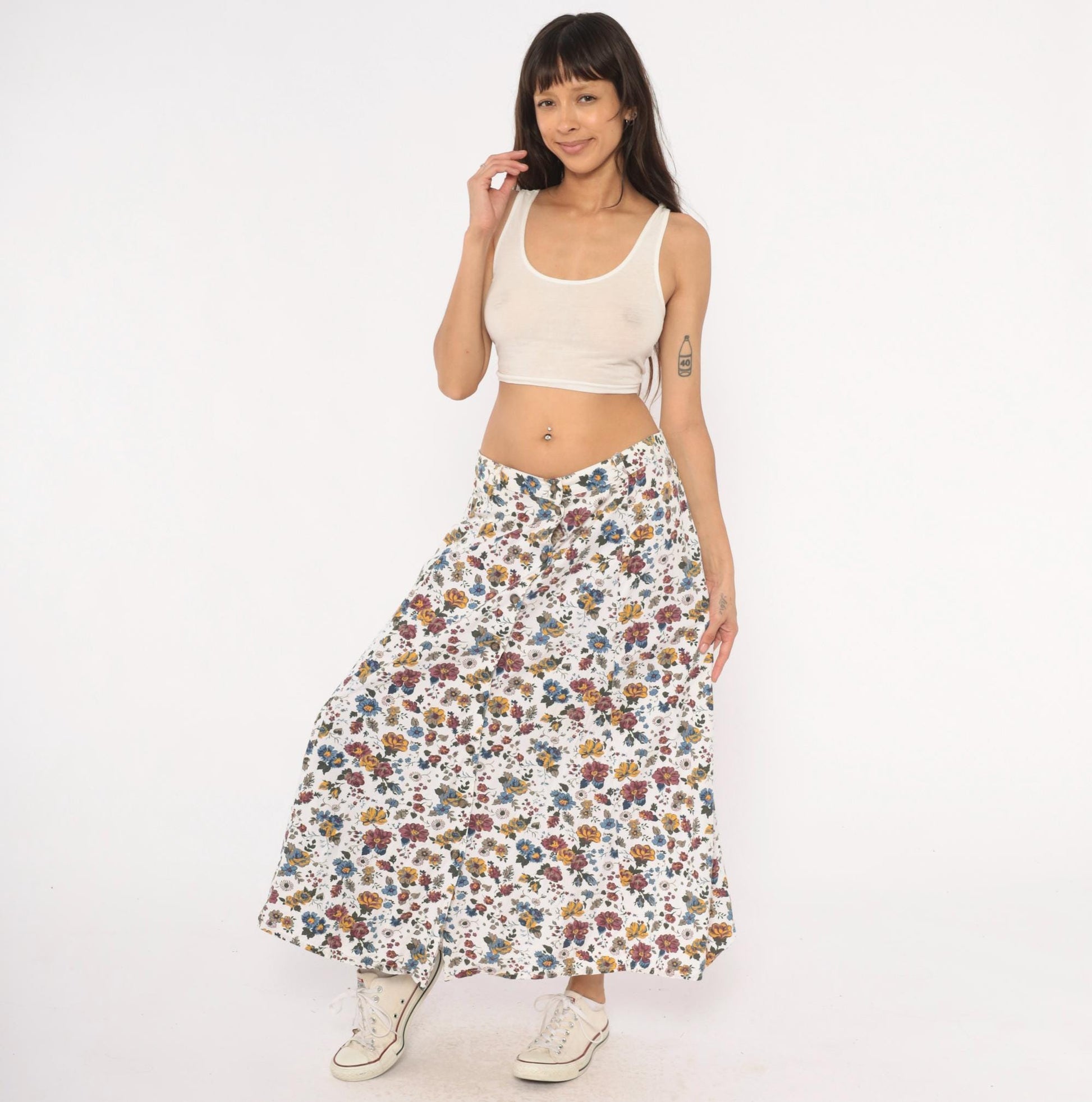 90s White Stag Floral Maxi Skirt Burgundy Mustard Garden Print Large L