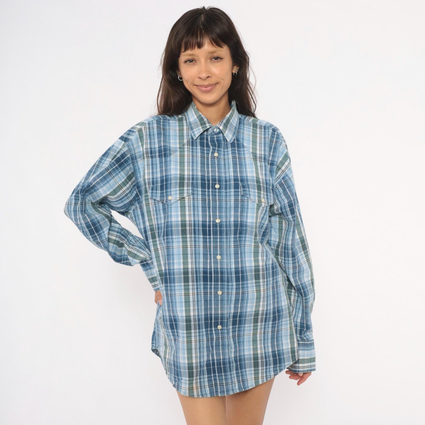 Y2K Wrangler Western Plaid Pearl Snap Shirt Blue Green XXL