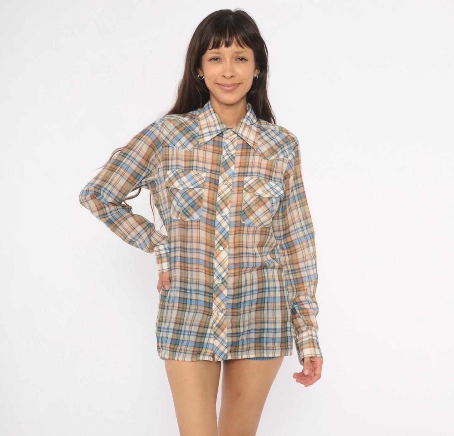 80s Plaid Western Snap Button Shirt Tan Blue Cream Small