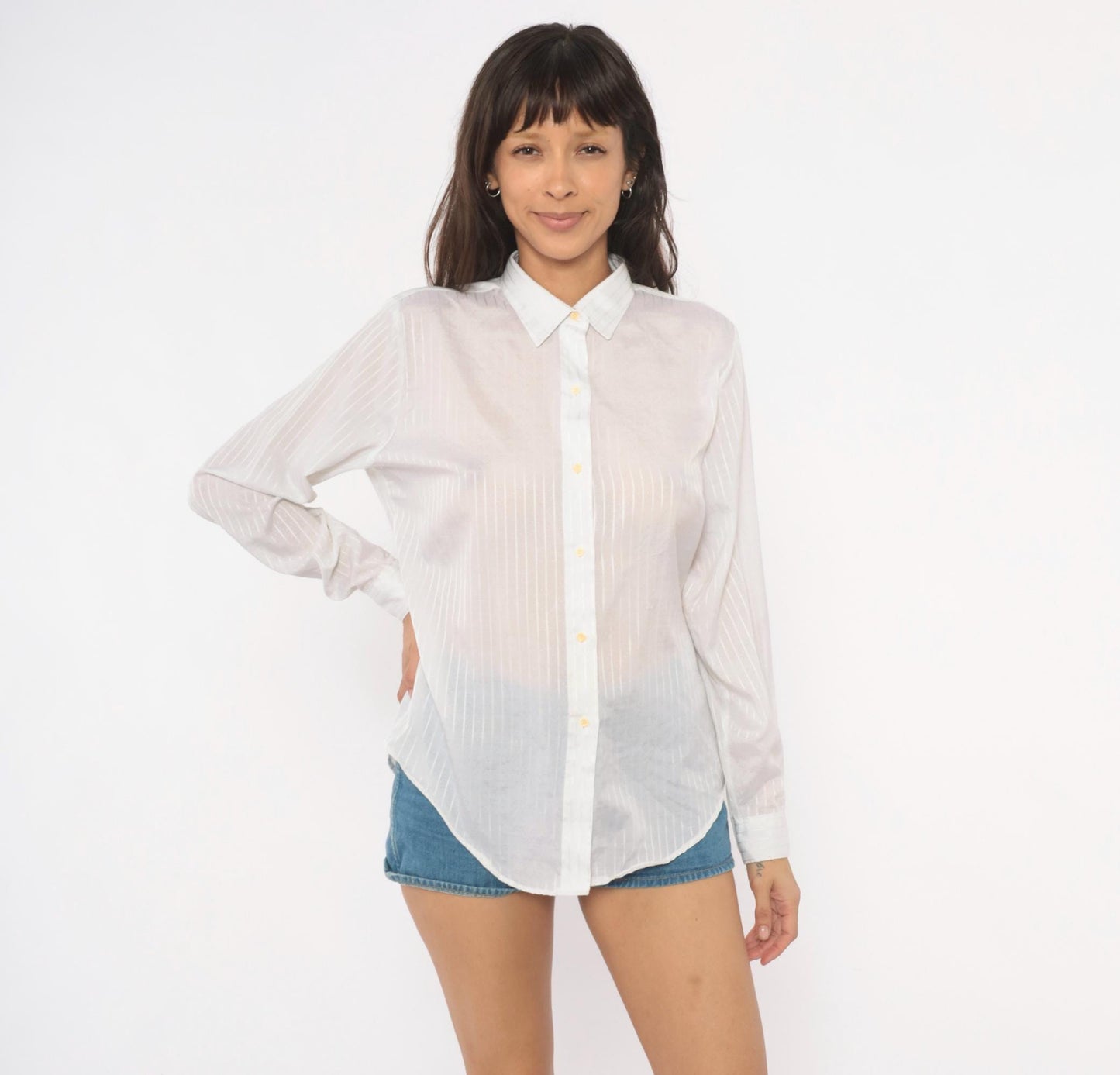 90s Cobble-Lane White Striped Button-Up Blouse Pointed Collar Large L