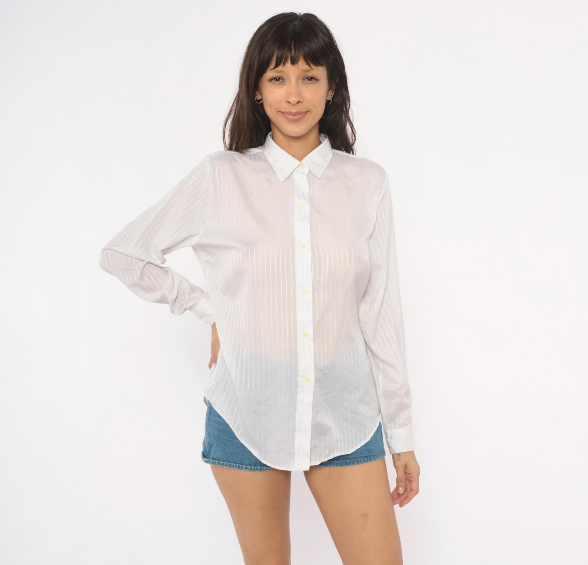 90s Cobble-Lane White Striped Button-Up Blouse Pointed Collar Large L