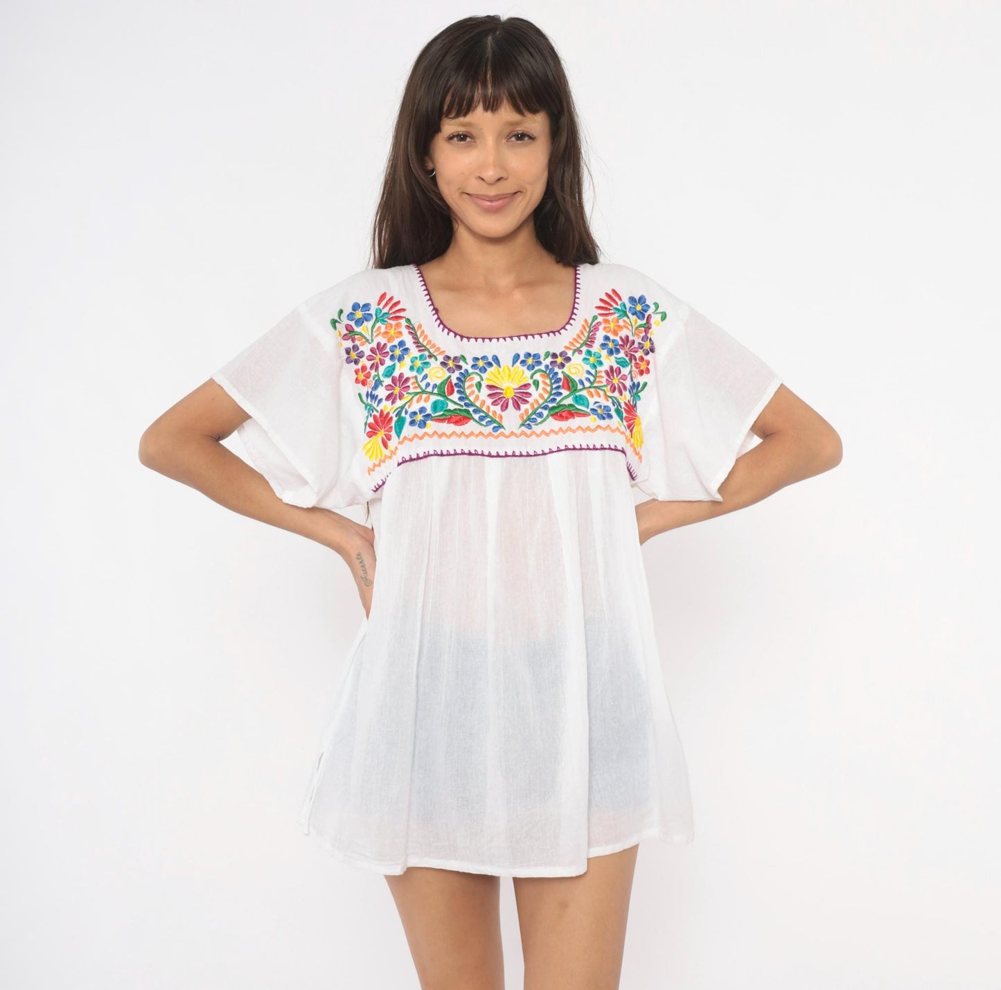 90s Mexican Embroidered Floral Blouse White Cotton Scoop Neck Large