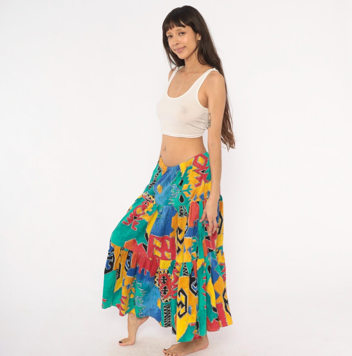 90s Tribal Print Maxi Skirt Teal Red Yellow Blue Tiered Cotton One Size