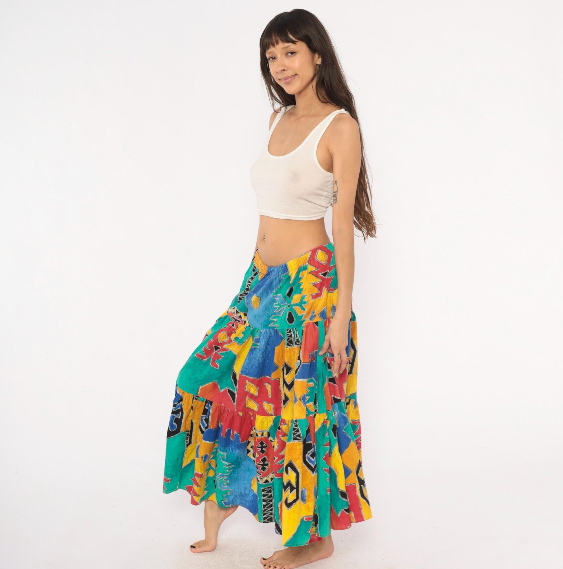 90s Tribal Print Maxi Skirt Teal Red Yellow Blue Tiered Cotton One Size