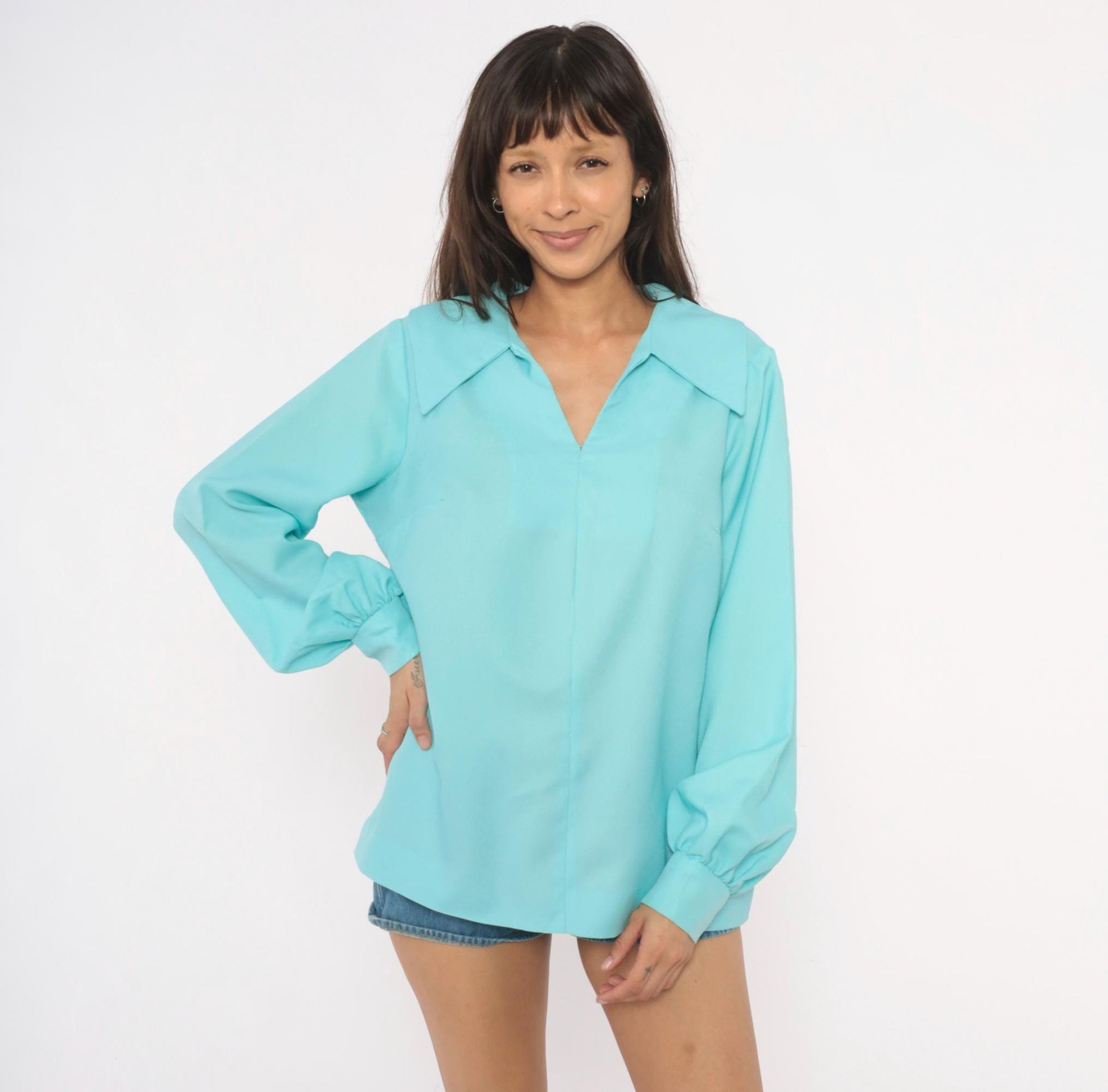 70s Aqua Pullover Blouse V Neck Bishop Sleeve Tunic Large L