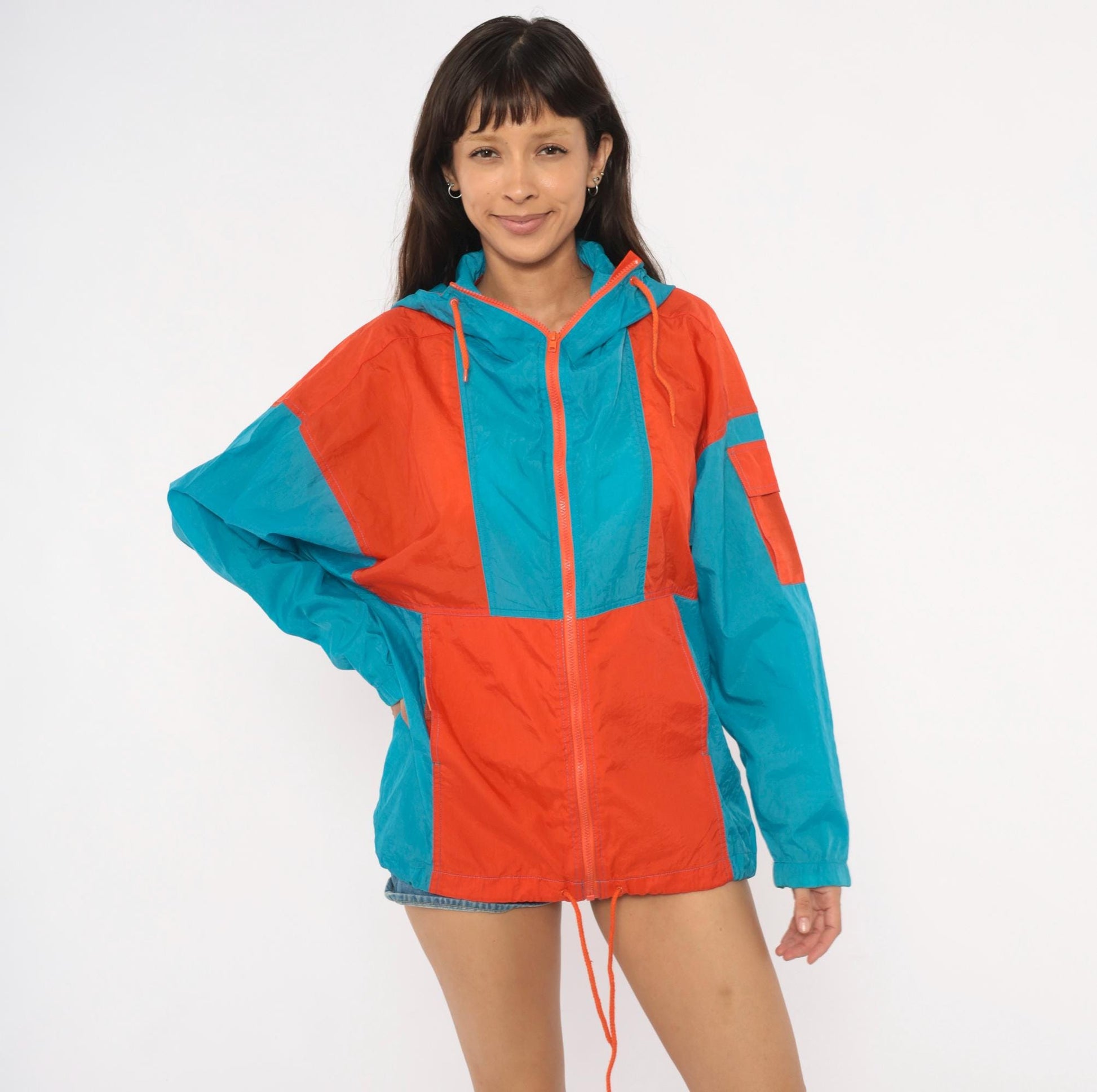 80s Sbi Teal Orange Colorblock Windbreaker Hooded Nylon Jacket Small
