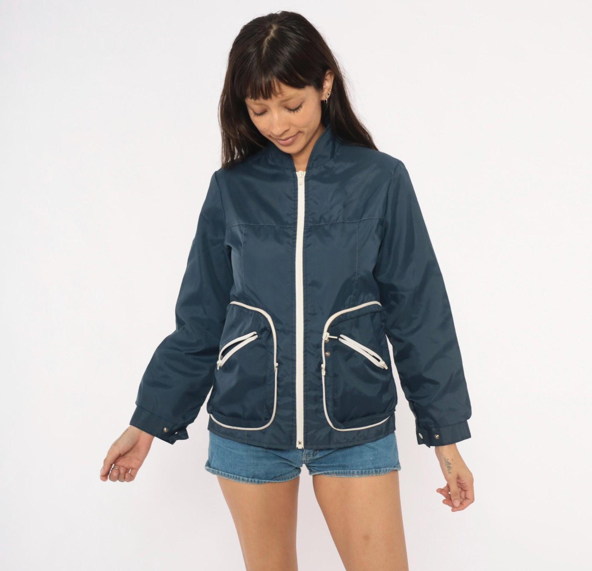 70s Navy Windbreaker White Contrast Zipper Stand Collar Shell Jacket Small S