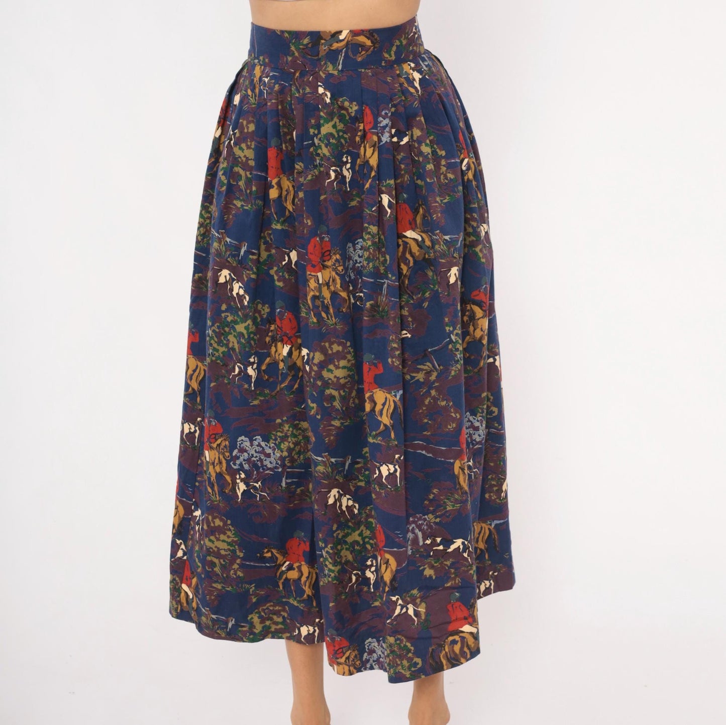 90s Breeches Equestrian Hunt Scene Midi Skirt Navy Purple Pleated Cotton Extra Small XS