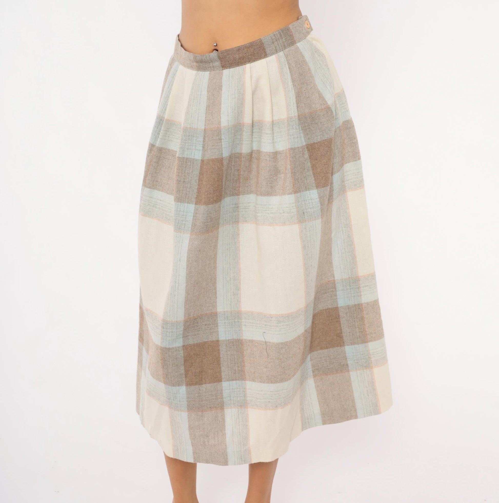 80s Wool Blend Plaid Midi Skirt Tan Cream Powder Blue Pleated Medium M