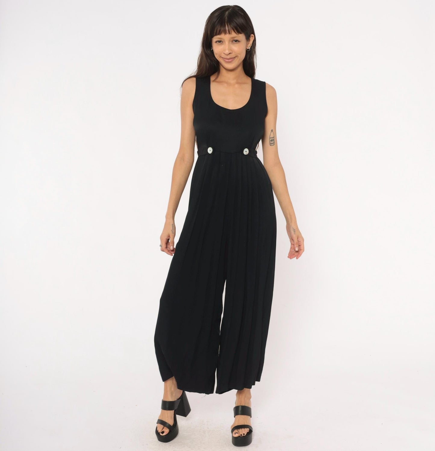 90s Jeffrey & Dara Black Wide-Leg Jumpsuit Pleated Waist Tie-Back Medium M
