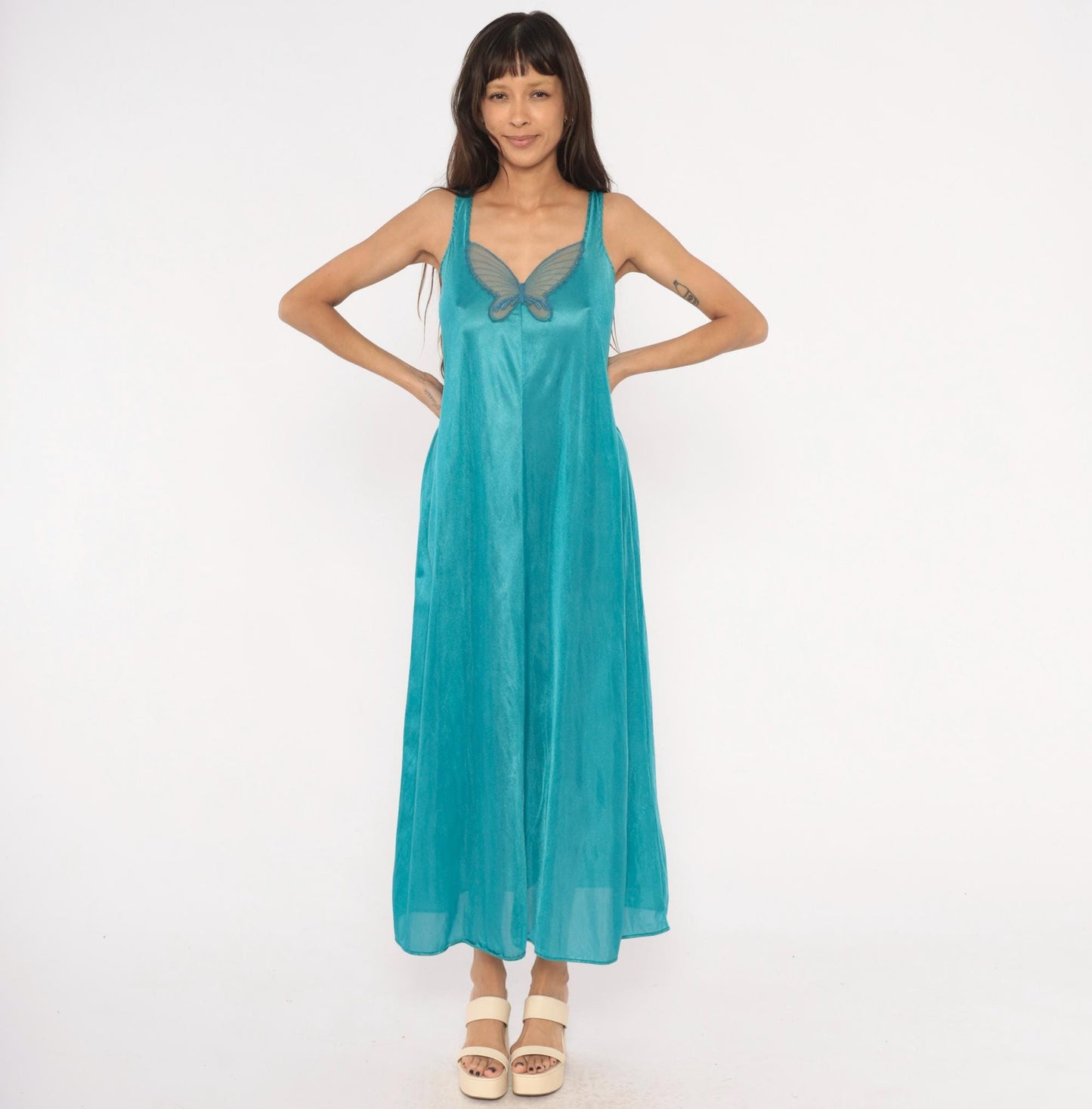 70s Undercover Wear Teal Maxi Nightgown Butterfly Mesh V-Neck Small