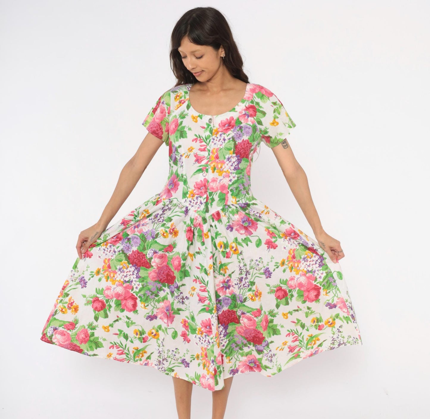 80s Dawn Joy Fashions Floral Midi Dress Cotton Pink Rose Garden Print Medium