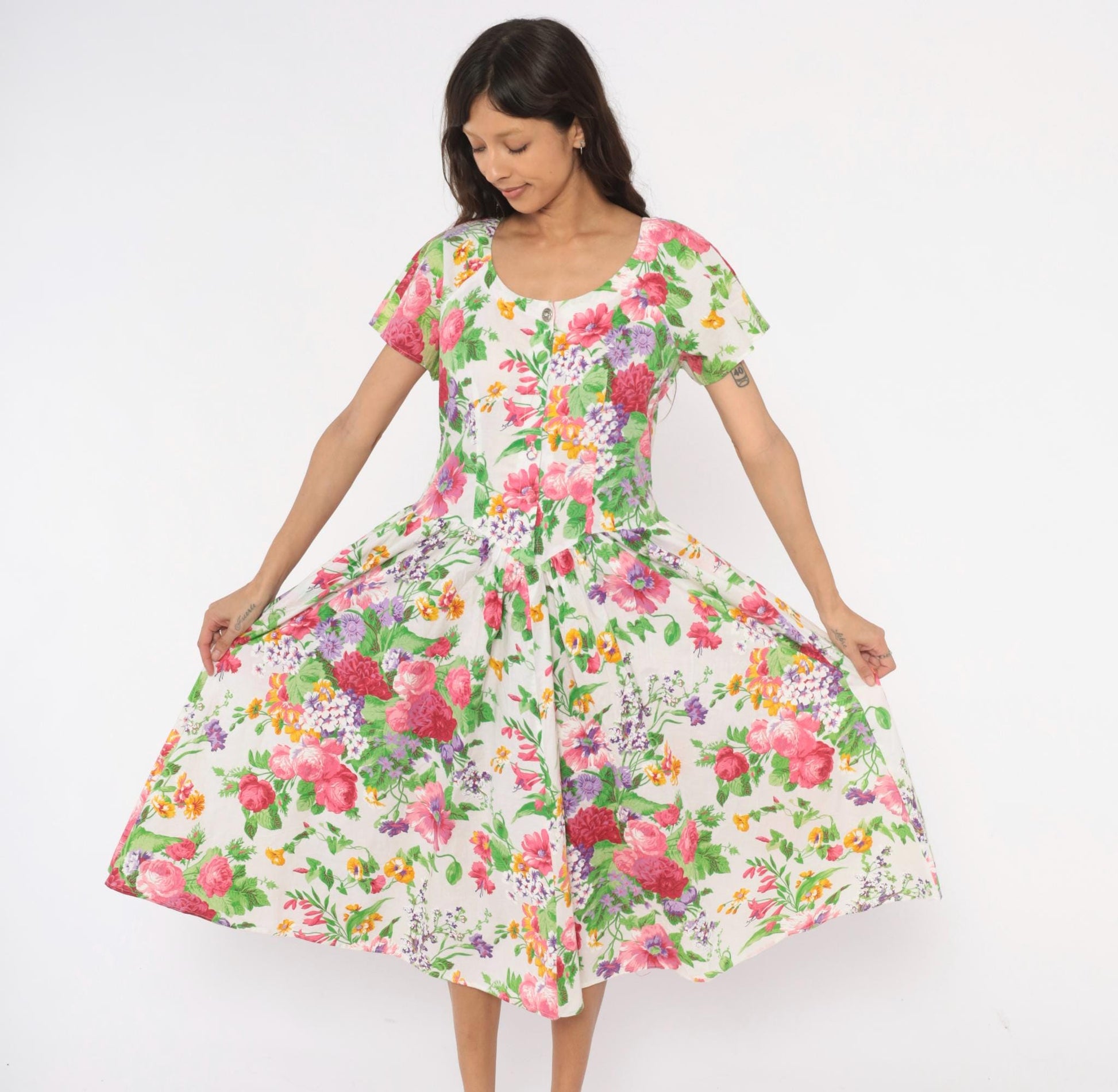 80s Dawn Joy Fashions Floral Midi Dress Cotton Pink Rose Garden Print Medium