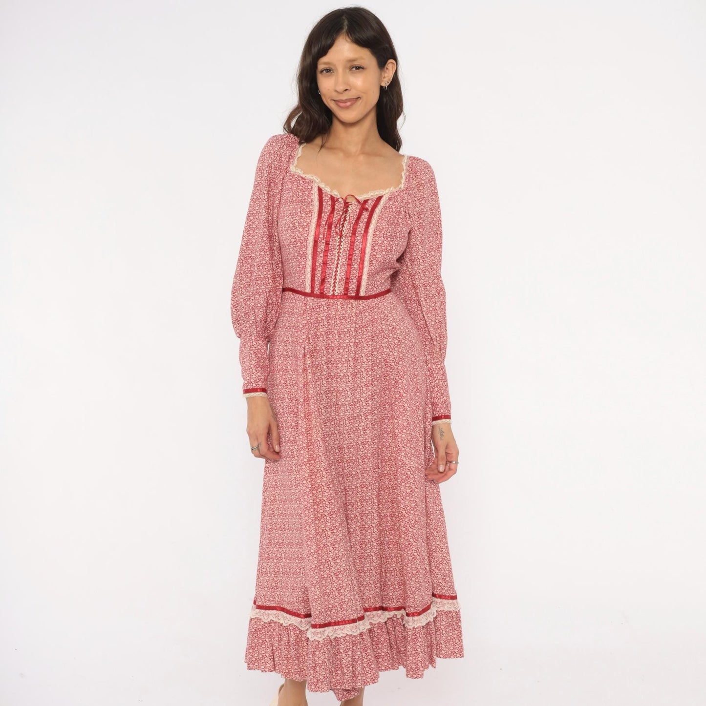 70s Wildes Red Calico Prairie Dress Lace Corset Puff Sleeve Maxi Small