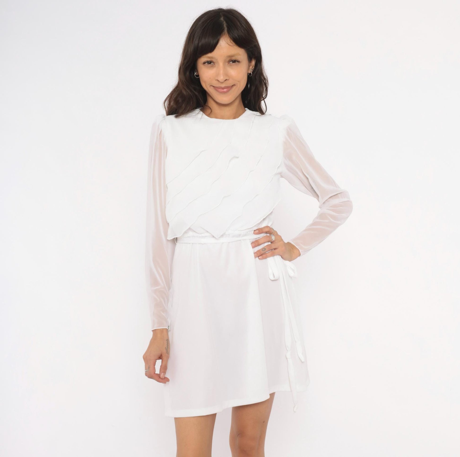 70s White Mini Dress Tiered Ruffle Chiffon Long Sleeve Crew Neck Small