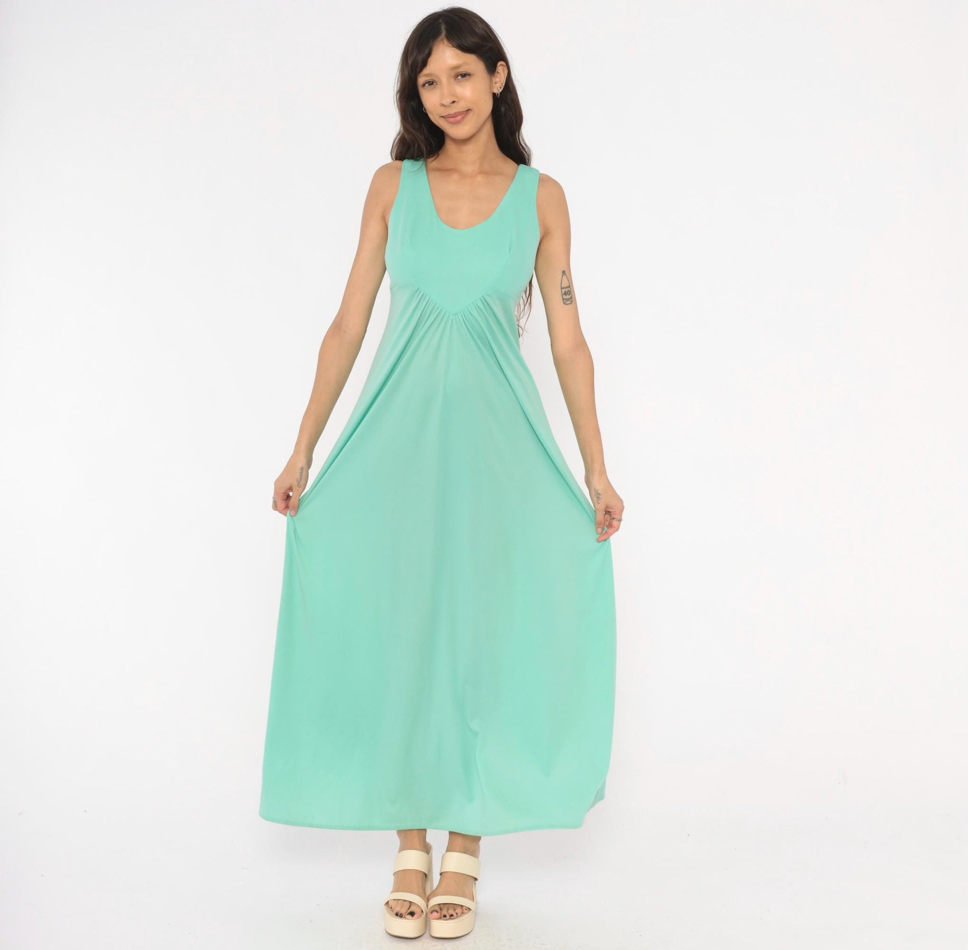 70s Mint Green Sleeveless Maxi Dress Empire Waist A-Line Medium