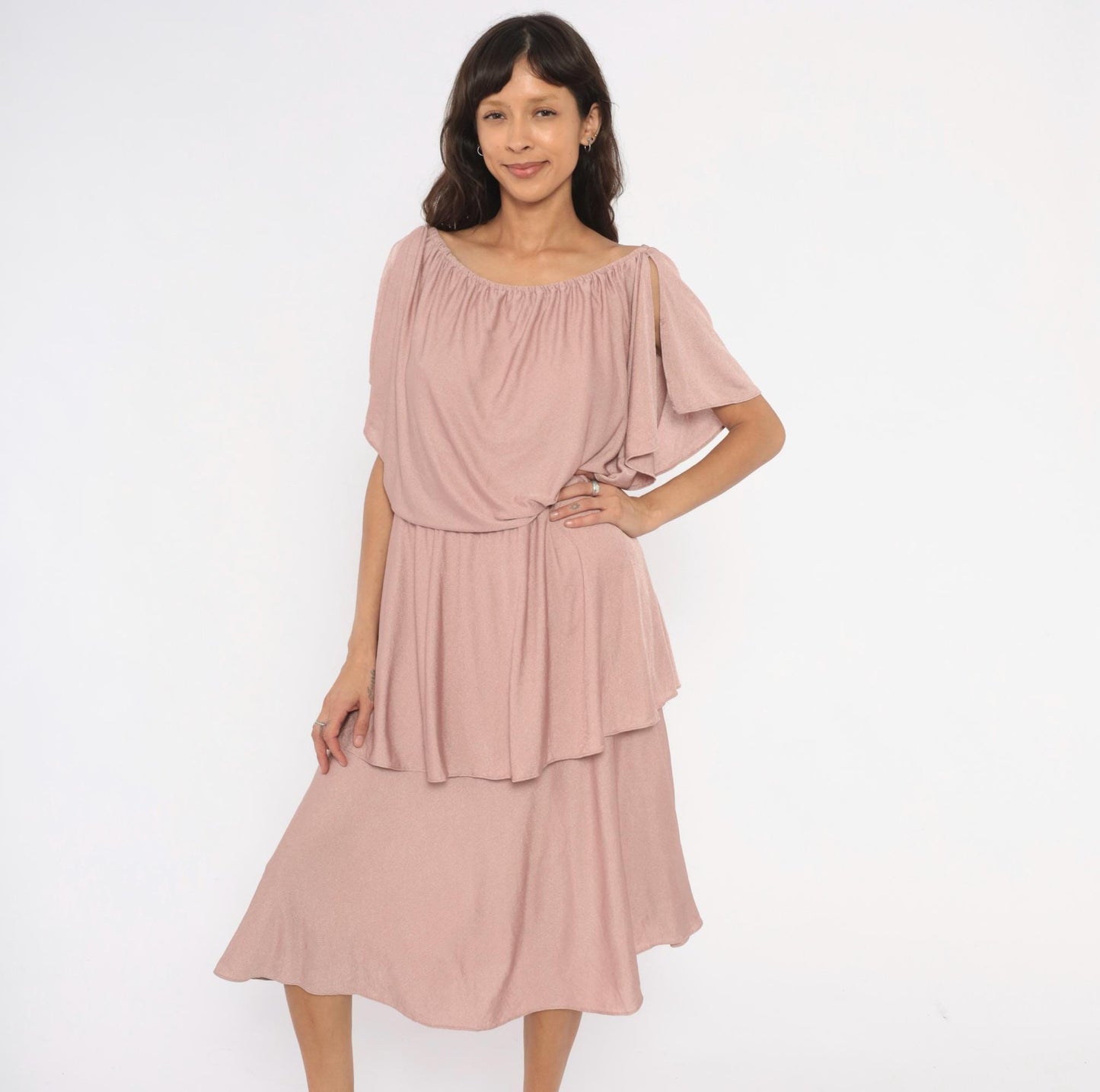 70s The Dress Mauve Tiered Midi Dress Flutter Sleeve Cold Shoulder Medium