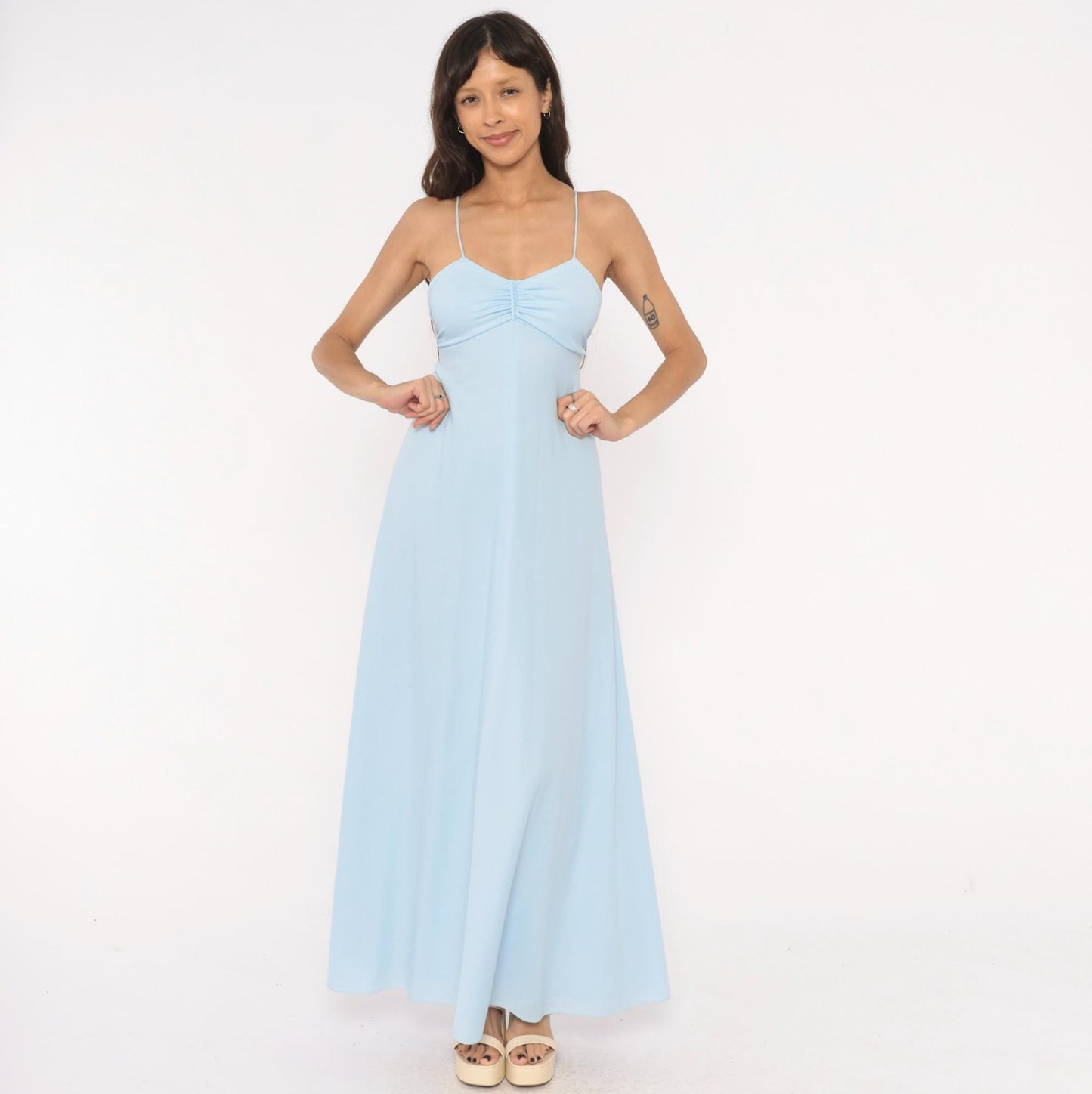70s Baby Blue Maxi Dress Spaghetti Strap Sweetheart Neckline Empire Waist Extra Small XS