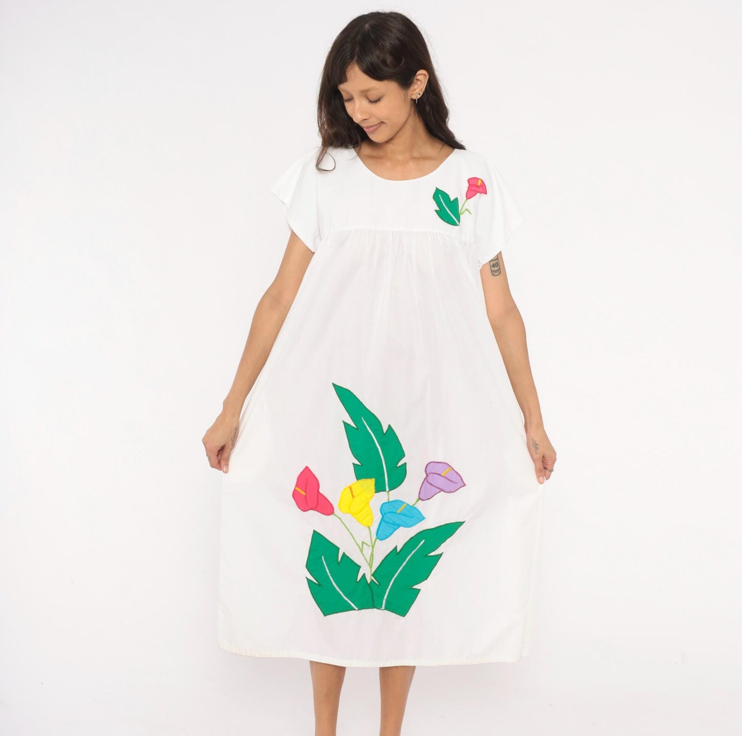 90s Bordados Tiscareño Tropical Appliqué Midi Dress White Cotton Calla Lily Large