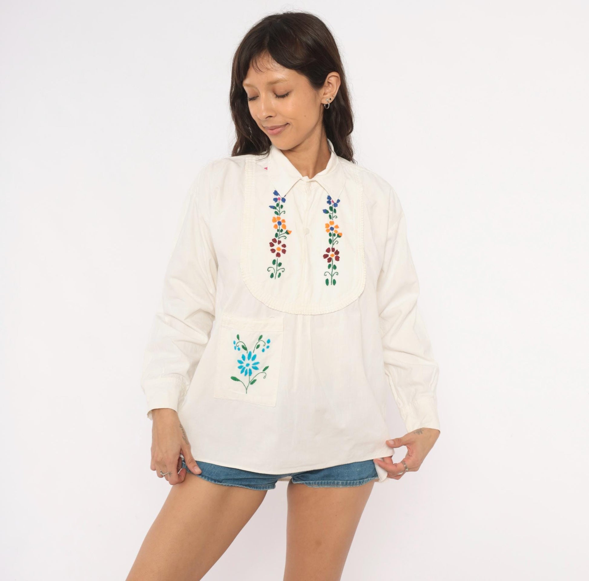 70s Mexican Embroidered Floral Blouse Cream Cotton Peasant Top Medium