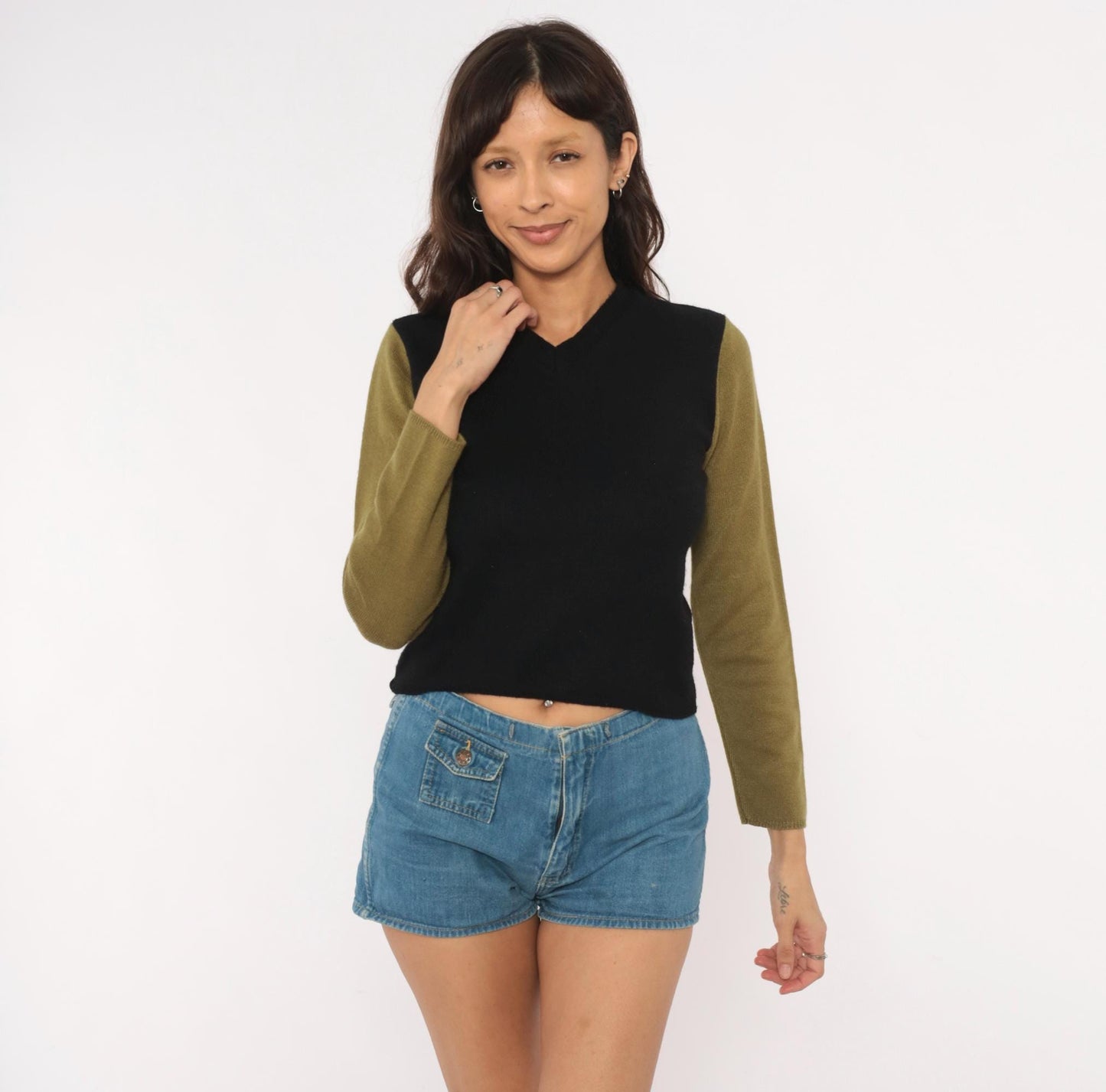 90s Catch 22 Color Block V-Neck Sweater Black Olive Green Small